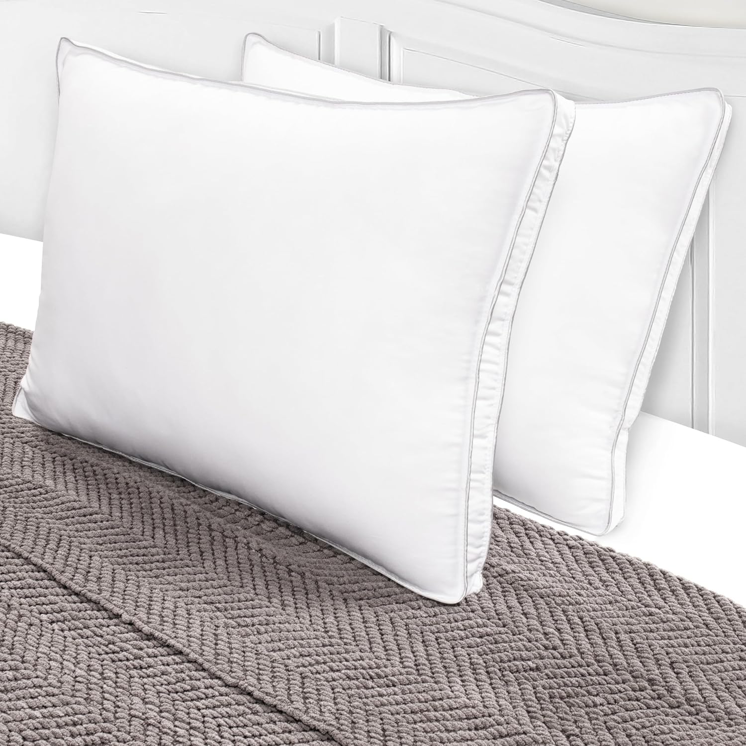 Superior PILLOWSET-Gusset Pillow Set, King, White-Grey-Z