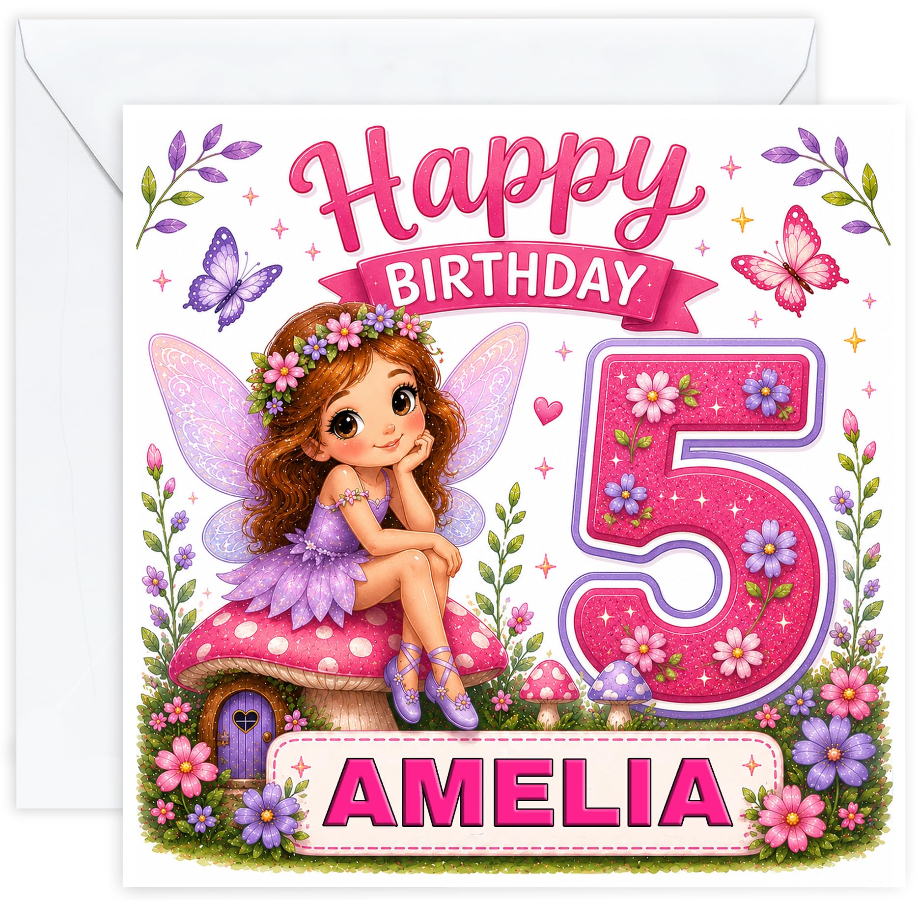 Personalised Girls 5th Birthday Card – Fairy Garden – Name
