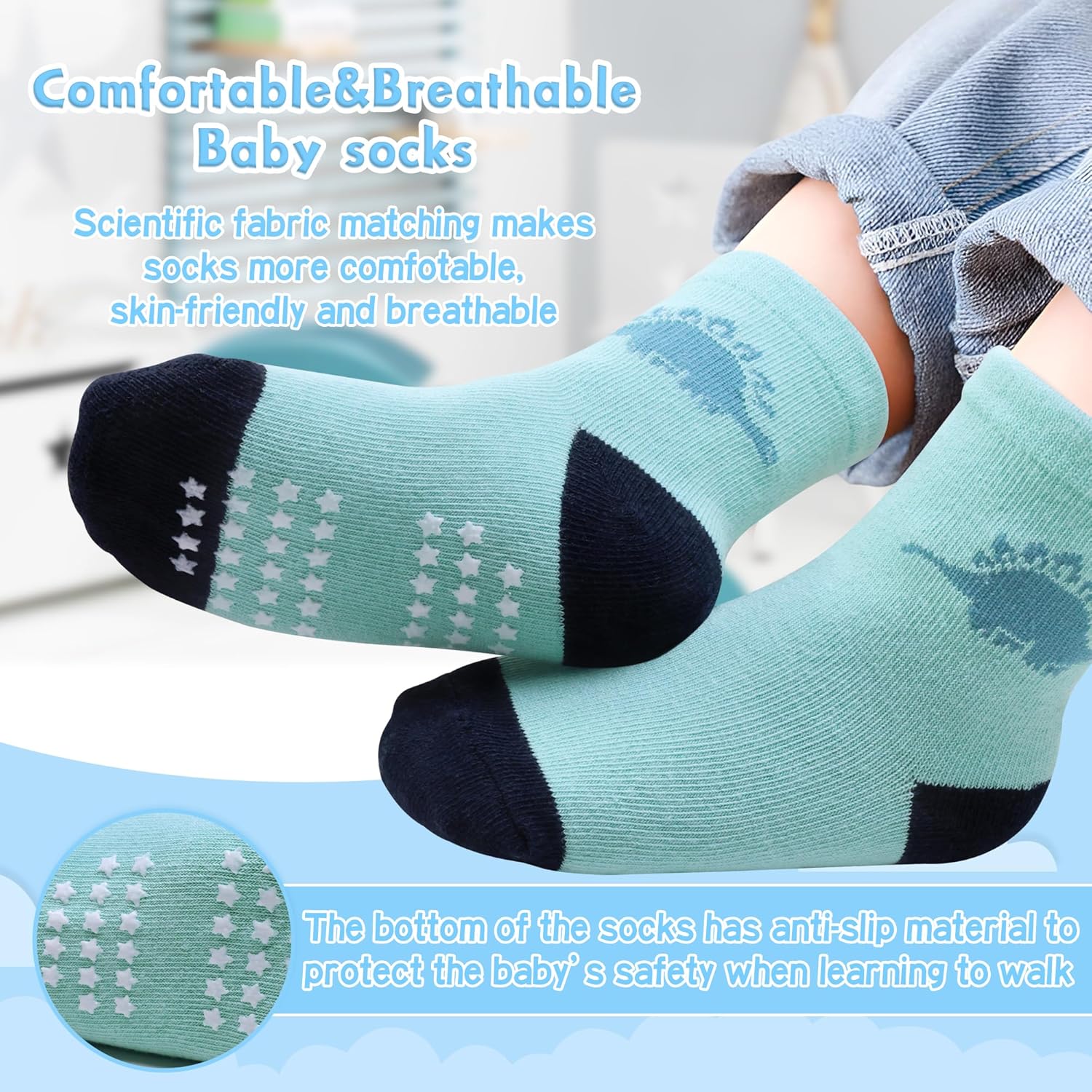 12 Pack Non Slip Kids Toddler Baby Socks with Grips for 1-7 Years Boys Girls Cotton Crew Socks Multi Colors - Image 4