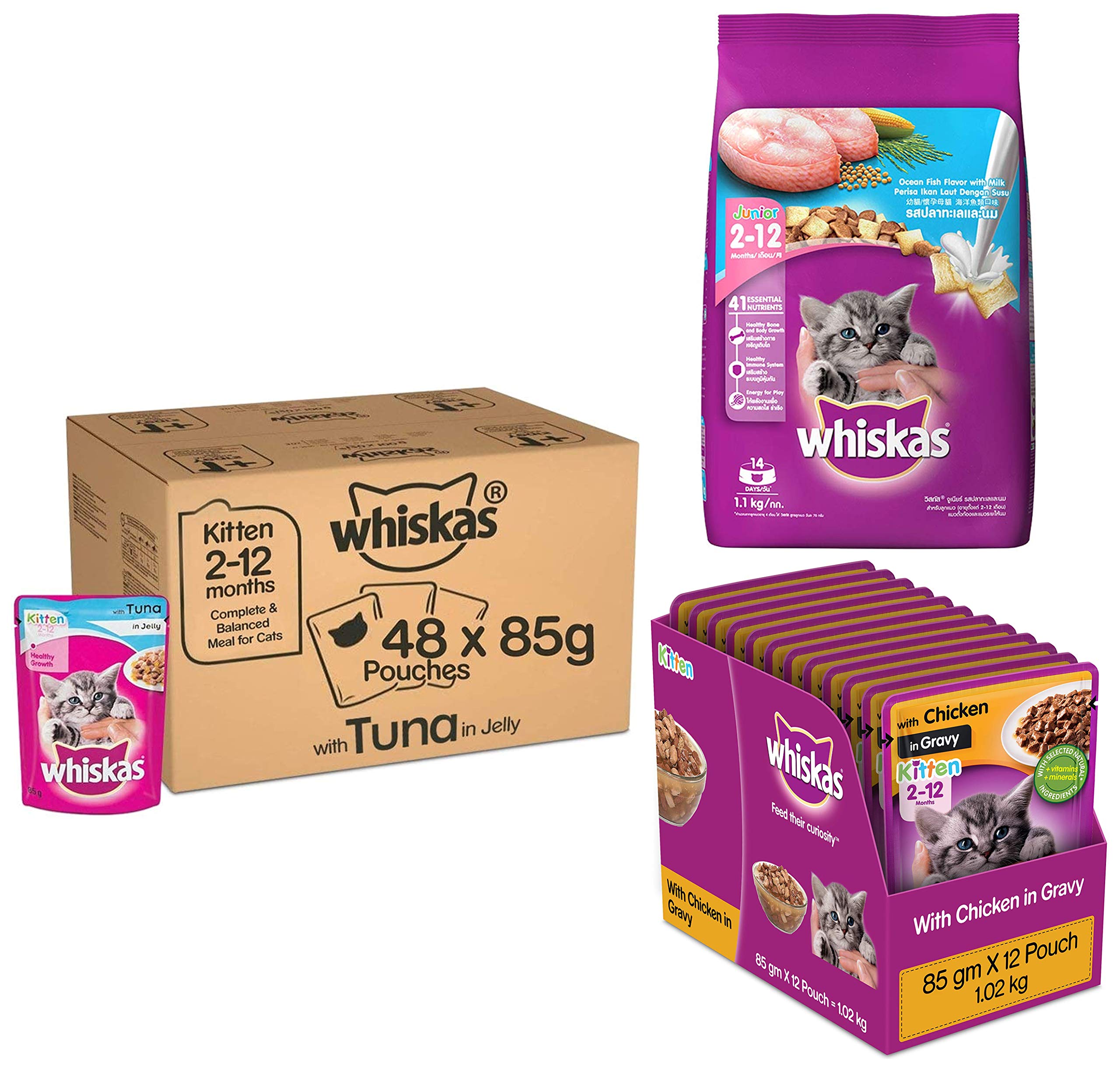 Whiskas Kitten Wet Cat Food, Tuna in Jelly Monthly Pack, 48 Pouches & Kitten Wet Cat Food, Chicken in Gravy, 12 Pouches & Kitten Dry Cat Food, Ocean Fish, 1.1kg Pack