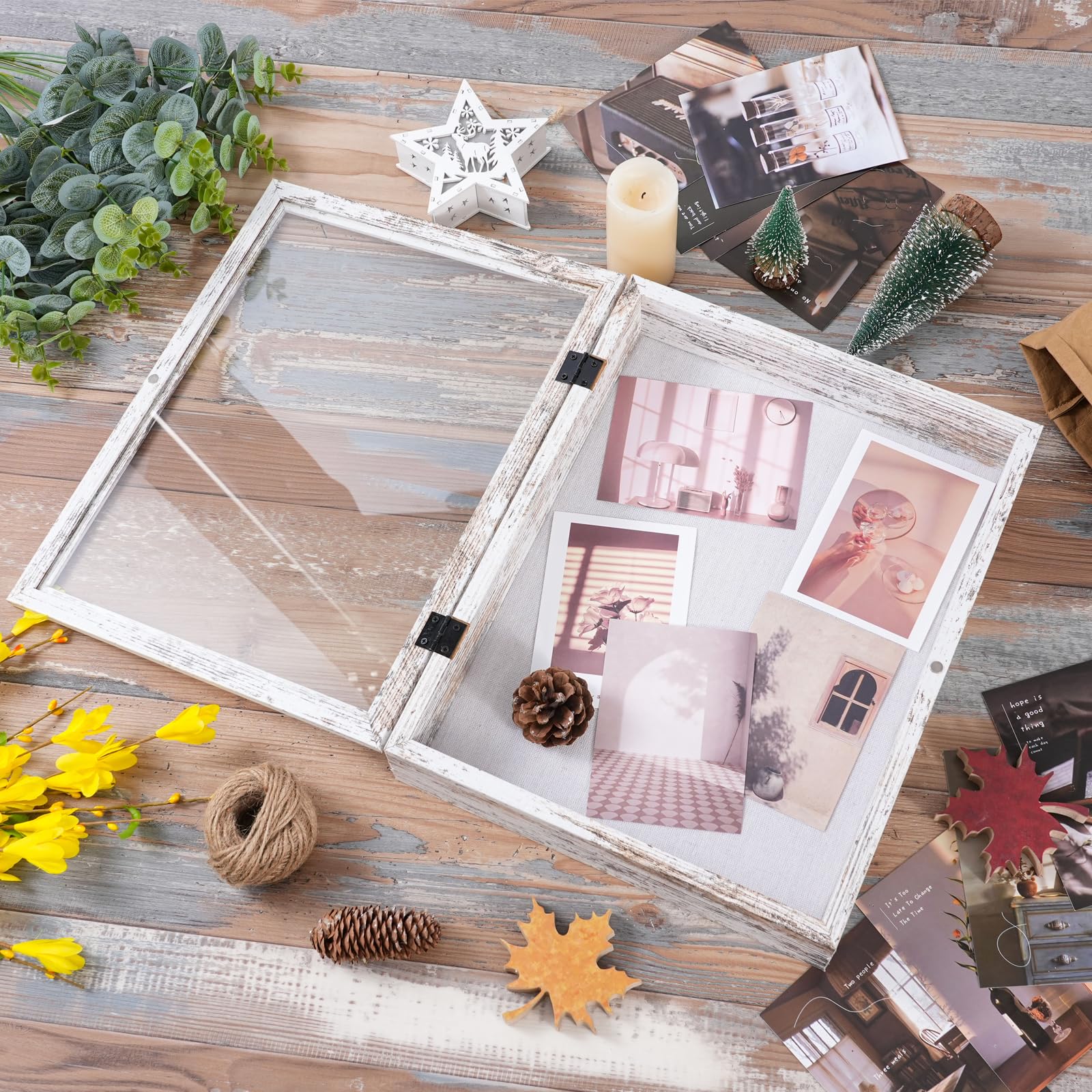 Muzilife Cadre en bois 3D avec ouverture à remplir - 28 x 35 cm - Avec épingles et chevilles - Pour bricolage, boîte d'ombrage, cadeau pour la famille, les amis, le bureau - Blanc vintage