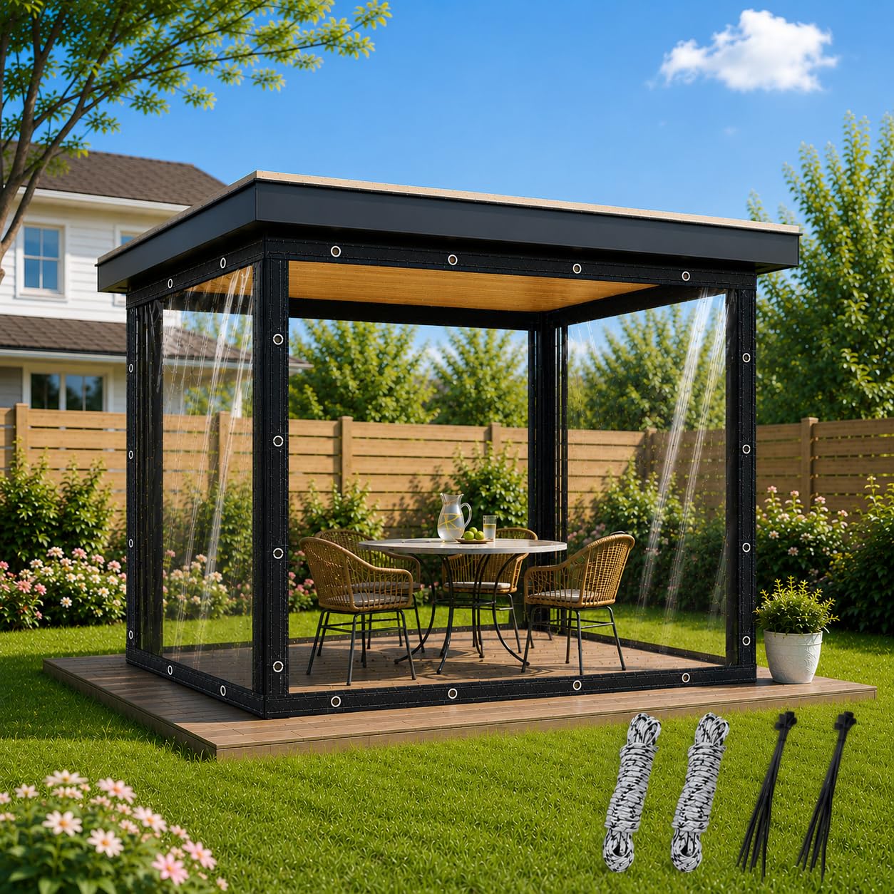 Zewnętrzna przezroczysta pokrywa 3 x 4 m, PVC 420 g/m² przezroczysta plandeka z 20 opaskami na kable, lina 10 m, wodoodporna przezroczysta pokrywa z oczkami, plandeka PCW na taras, do ogrodu