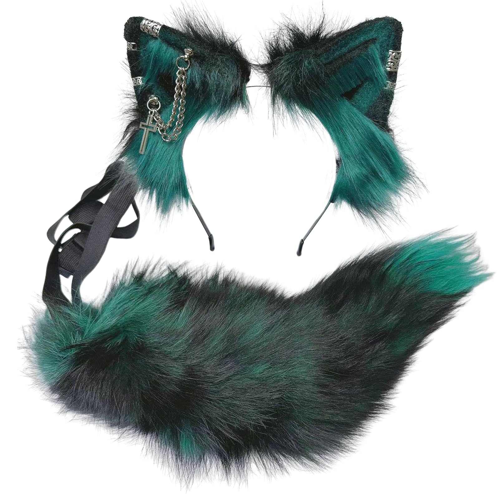 Ekwikzz Wolf Ears Tail Set Fox Wolf Headbands Clips Fluffy Cosplay Costumes, Gothic Punk Accessories for Halloween: Si Cross D Gr