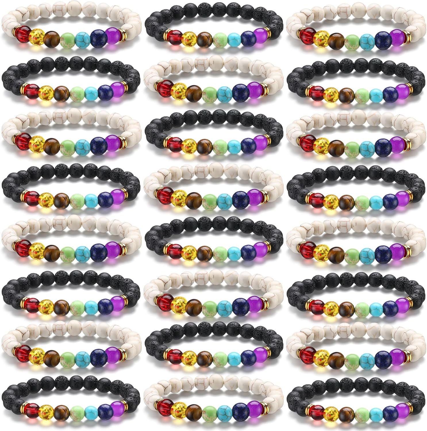 Huquary 24 Pcs Chakra Bracelets for Women Volcanic Rock 7 Chakras Crystals and Healing Stones Bracelets 8mm Natural Stone Yoga Beaded Wristlet for Women Men Essential Oil Diffuser