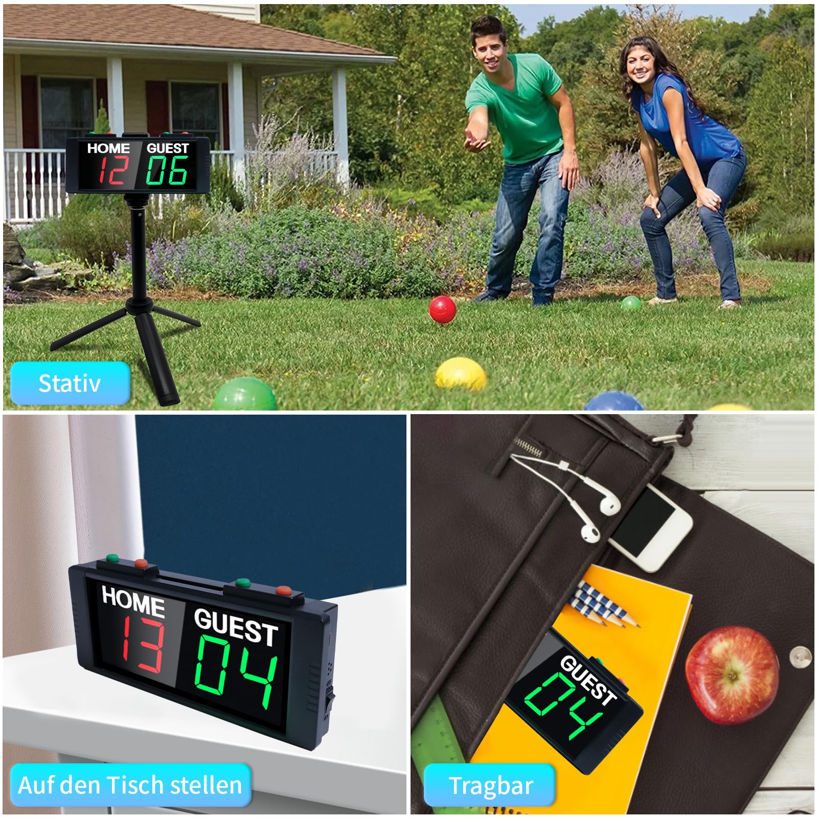 LED Elektronische Anzeigetafel Fussball, Tragbare Cornhole Zähltafel mit Ständer, Digitale Tischtennis Zähler, Tennis Punktezähler, Digital Scoreboard für Volleyball, Badminton, Pool Sports