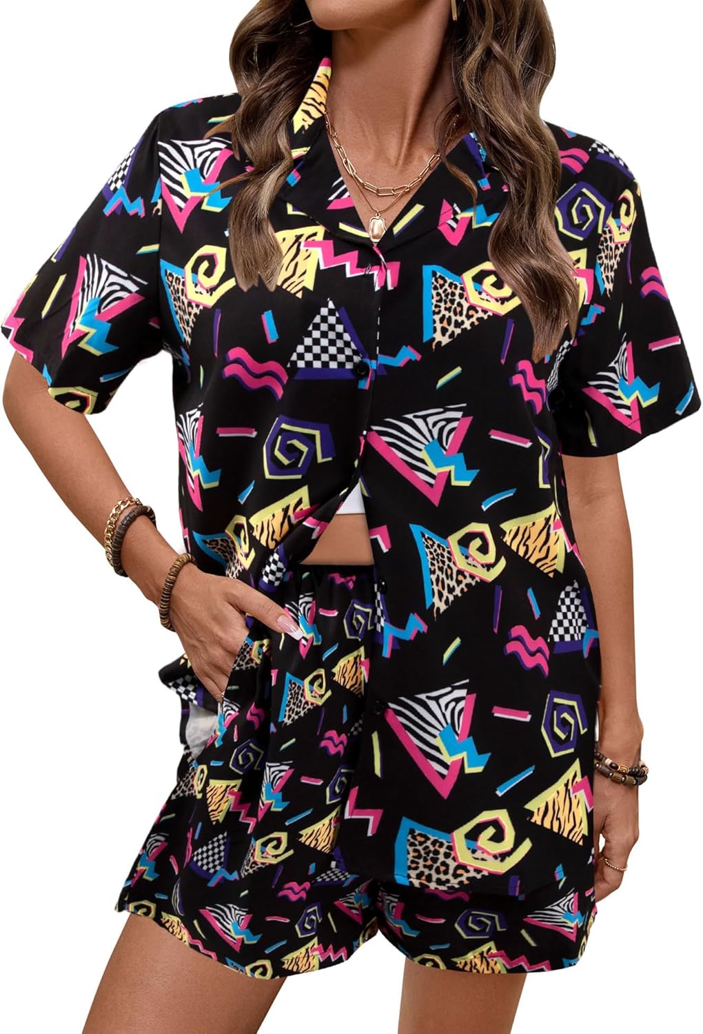 80s 90s 2 Piece Outfits for Women Retro Theme Party Disco Matching Sets Neon Button Down Top and Shorts Sets - Image 4