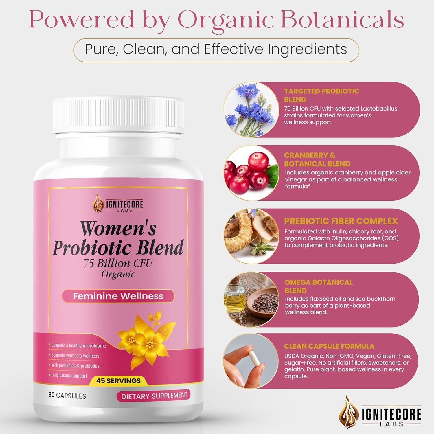 Women’s Probiotic 75 Billion CFU – Vaginal Health & pH Balance Support – Cranberry, Prebiotics & Organic Blend – Digestive & Immune Support – Non-GMO, Gluten Free – 90 Capsules (45 Servings)