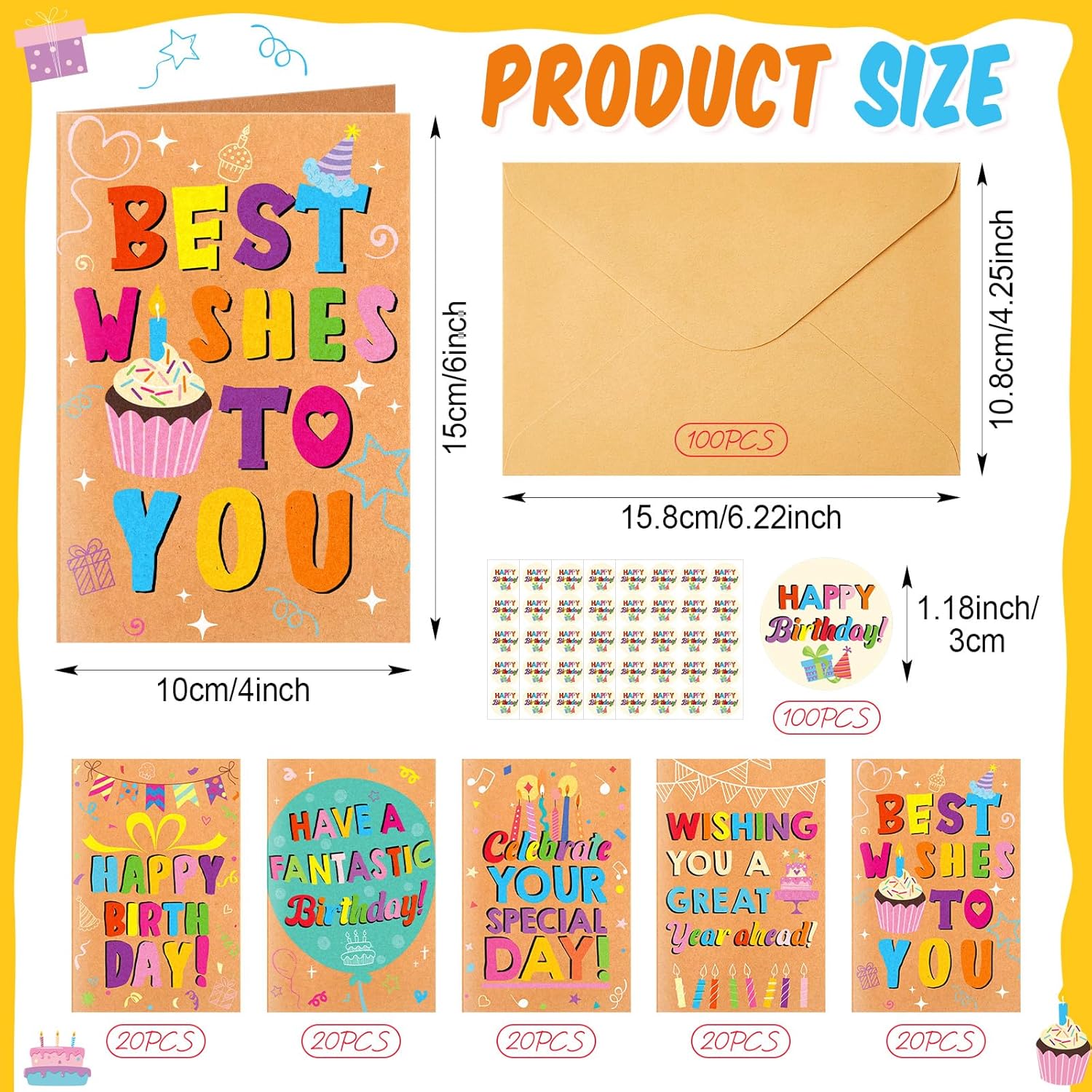 Gersoniel 300 Pcs Happy Birthday Cards Bulk for office with 100 Envelopes 100 Cards and 100 Stickers Blank Inside Assorted Funny Birthday Card Gift for On Mouth Office Classroom Business and Personal