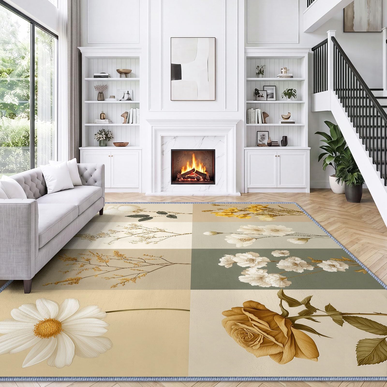 Tappeto per soggiorno, lavabile, 80 x 150 cm, con graziosi fiori e foglie verdi, soffice, antiscivolo, facile da pulire, per soggiorno, camera da letto, sala da pranzo e cameretta dei bambini