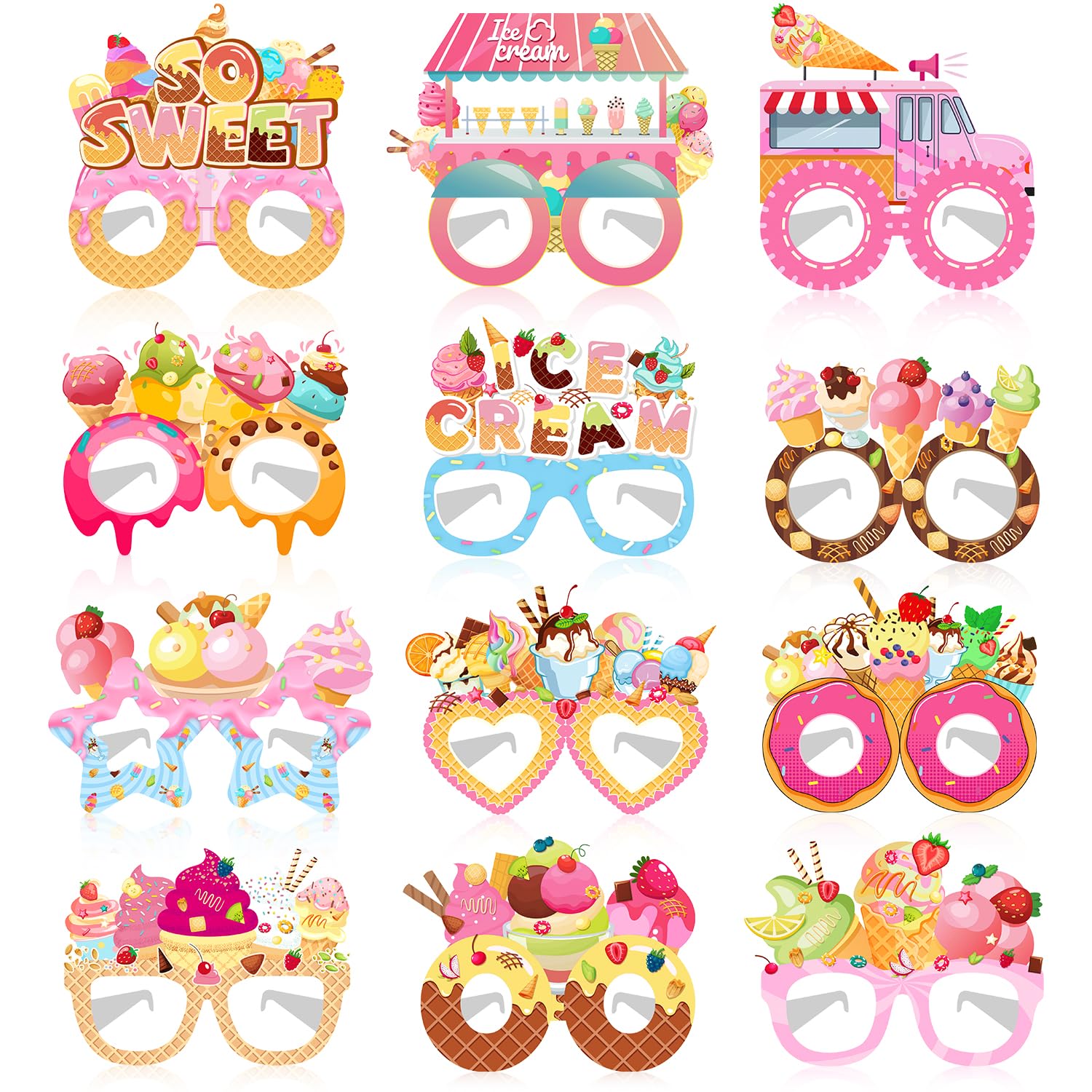 JIUJIUBER 24 PCS Ice Cream Party Paper Eyeglasses, Ice Cream Party Favors Decorations Supplies, Ice Cream Birthday Party Decorations Gifts Photo Booth