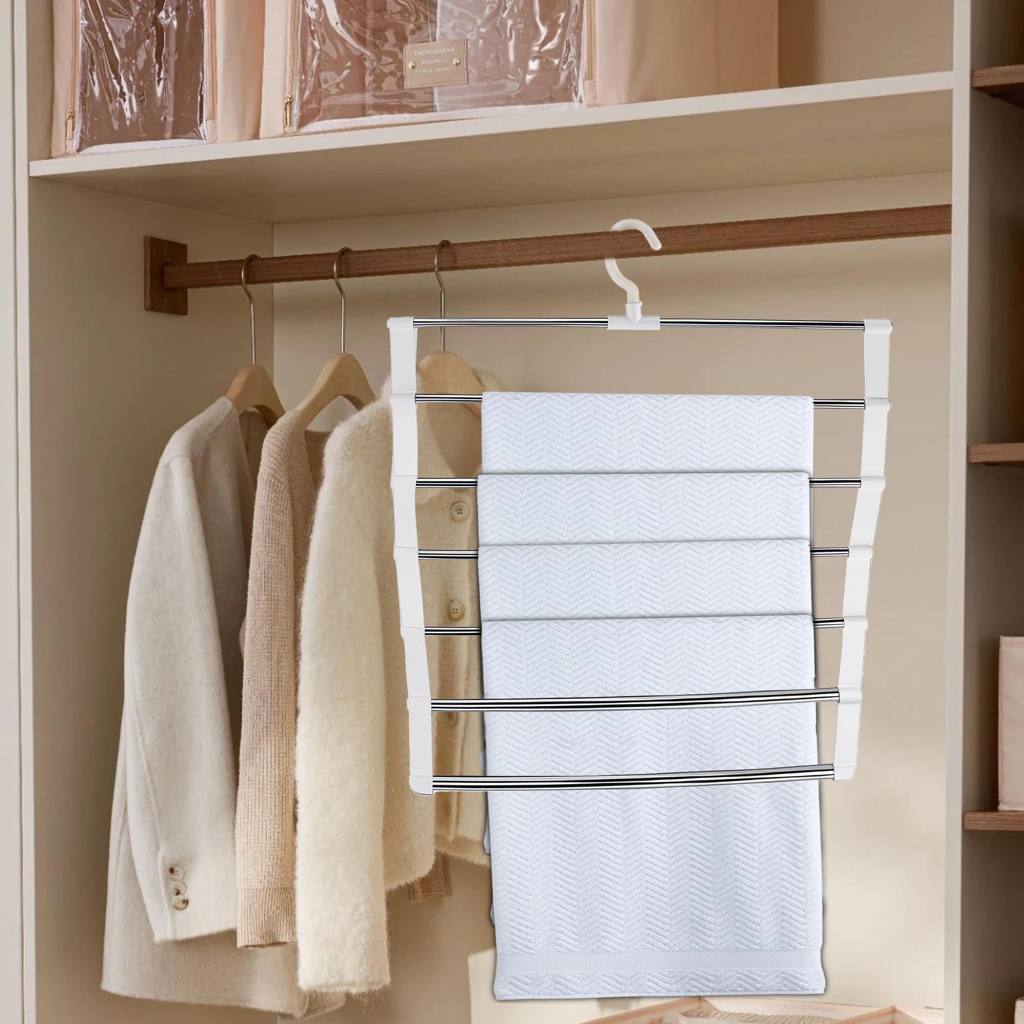 Yunova Trouser Hangers Space Saving Set of 2, Multifunctional Trouser Holder with 7 Bars, Metal & ABS, Hanger Organiser, Rotating Hook, Trouser Hanger for Jeans, Scarves, Towels, 49 x 36 cm