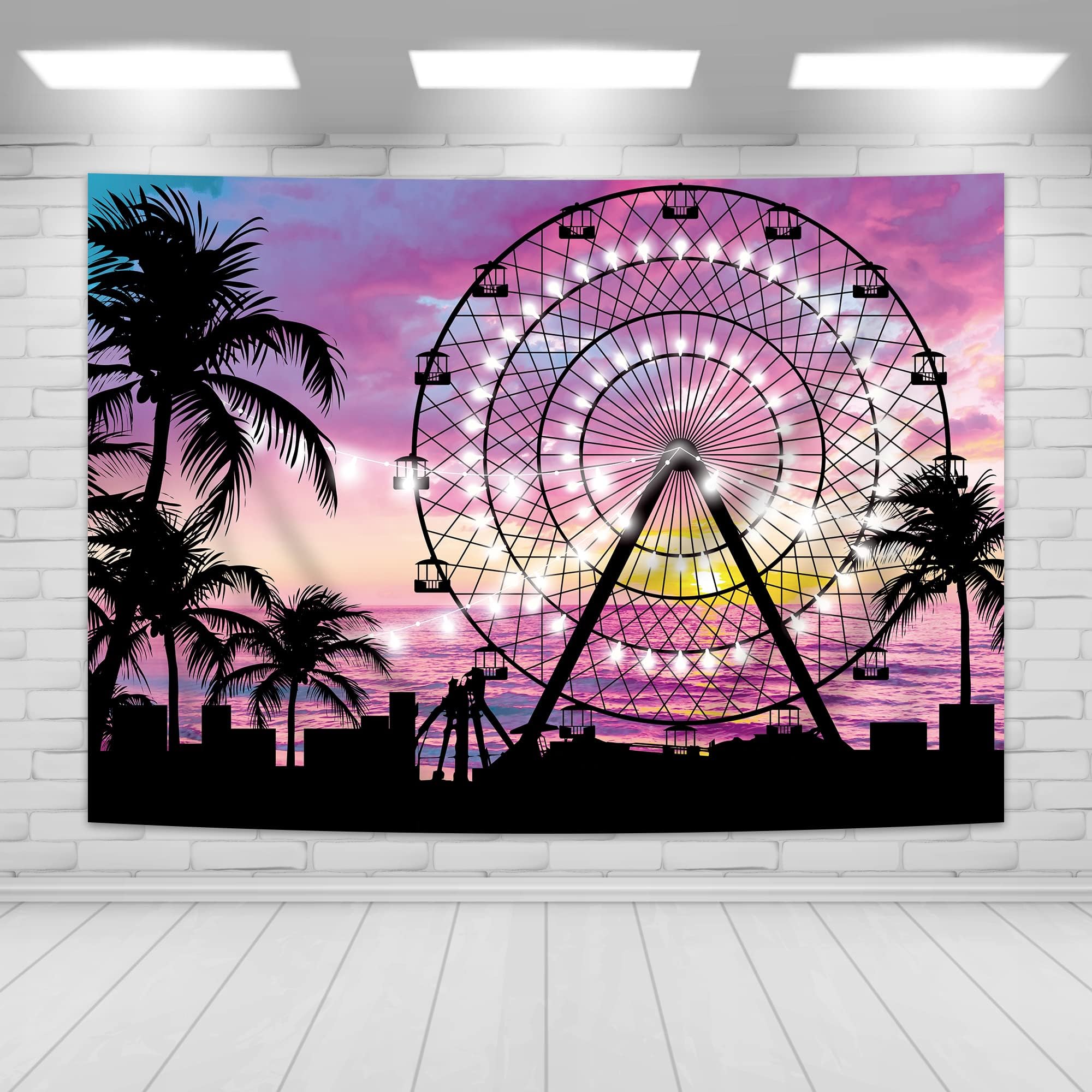Imirell Summer Seaside Ferris Wheel Backdrop 7Wx5H Feet Tropical Palm Tree Beach Sunset Baby Shower Wedding Birthday Party Photography Backgrounds Photo Shoot Decor Props Decoration