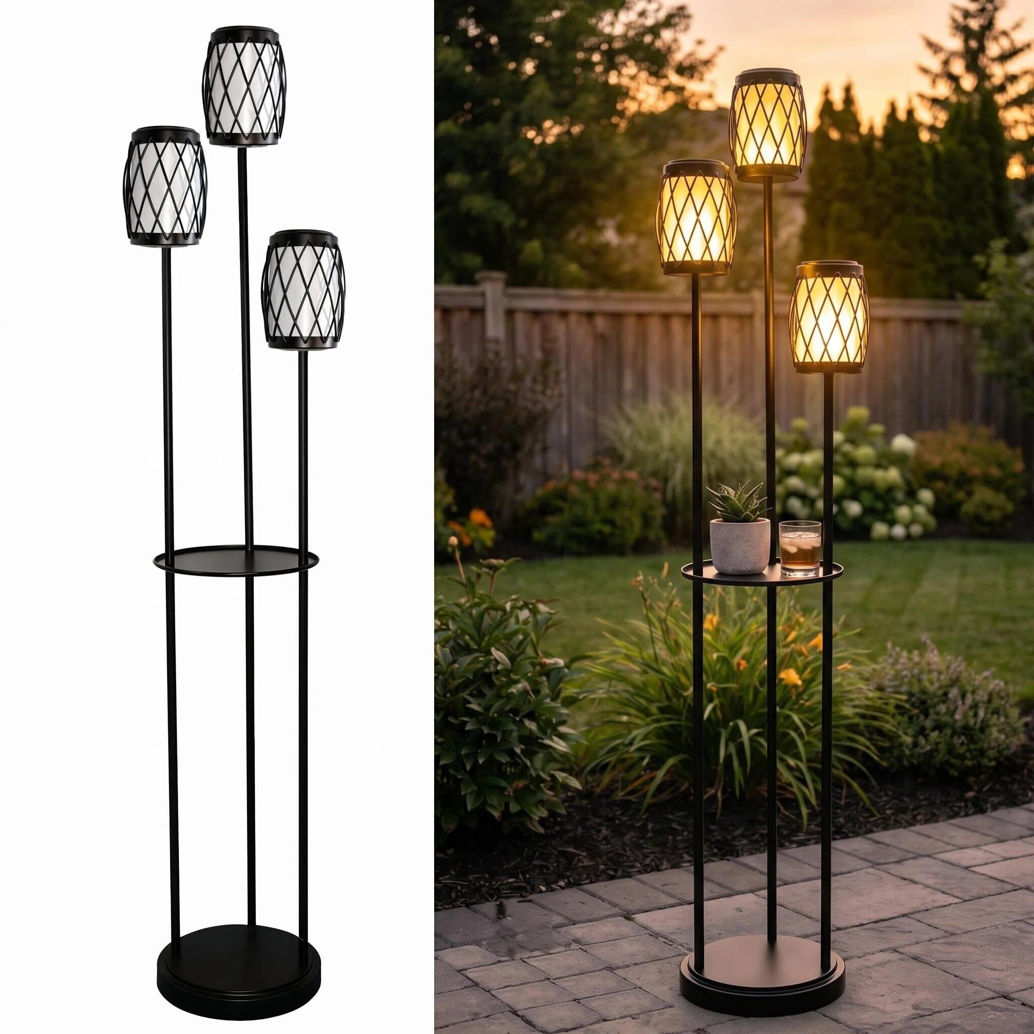 Lámpara solar de pie para exteriores, 3 cabezales, impermeable, de metal, poste con maceta y estantes, resistente al óxido, para todo tipo de clima, lámpara de pie para patio, terraza, jardín