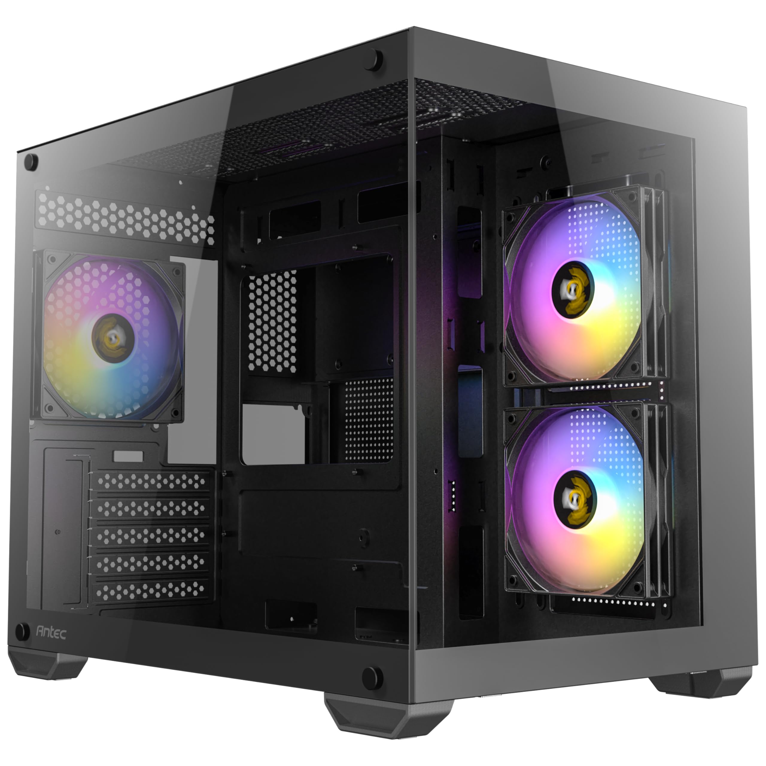 Antec CX600M RGB, 270° Panoramik Temperli Cam, 3x120mm RGB Fan Dahil, Çift Kamera Tasarımı, 360mm Radyatör Desteği, LED Kontrol Düğmesi, Mini Kule Micro-ATX Oyun Kasası, Siyah