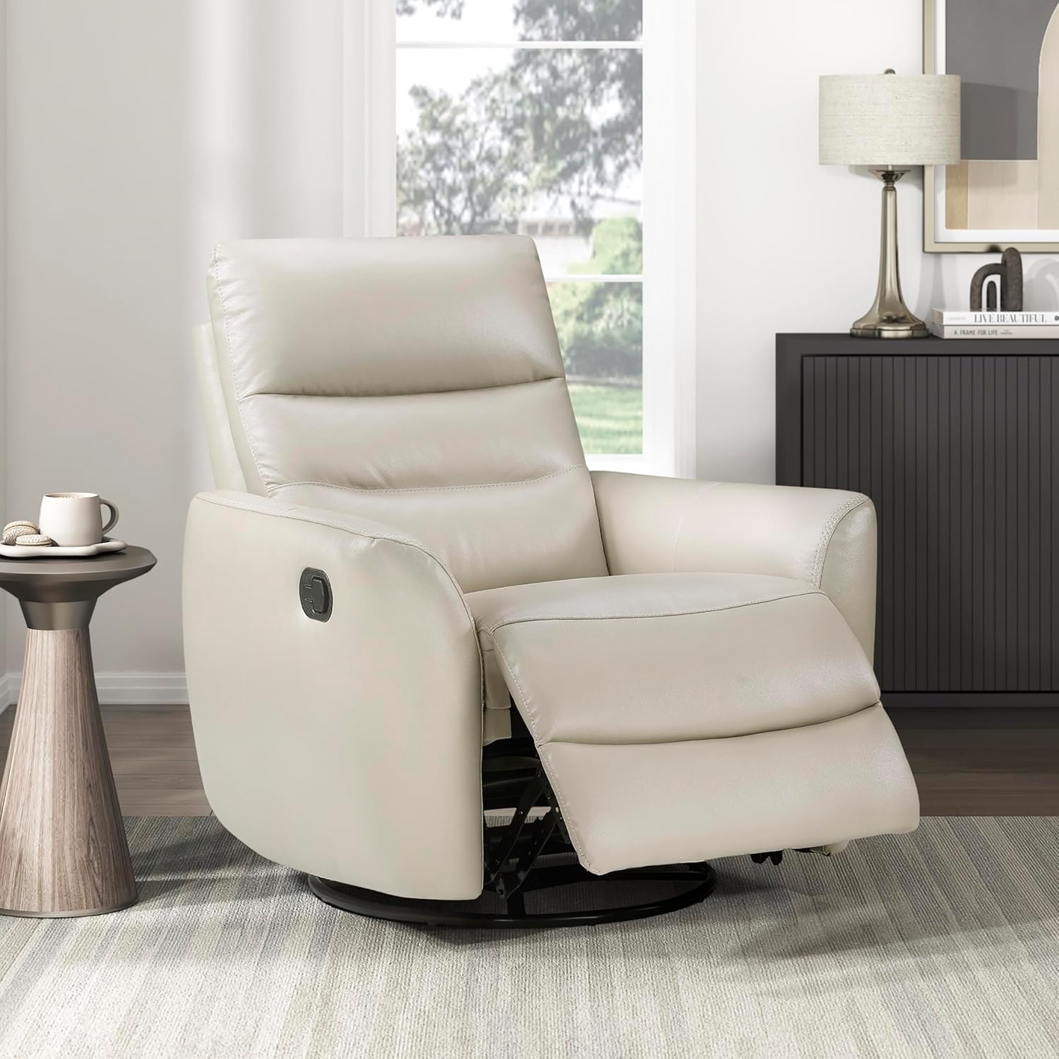 Lexicon 360 Degree Swivel Glider Reclining Chair, Manual Tab Pull Recliner, Leather Match Swivel Glider Recliner with Plush Foam, Sturdy Frame for Living Room/Office/Bedroom, Taupe