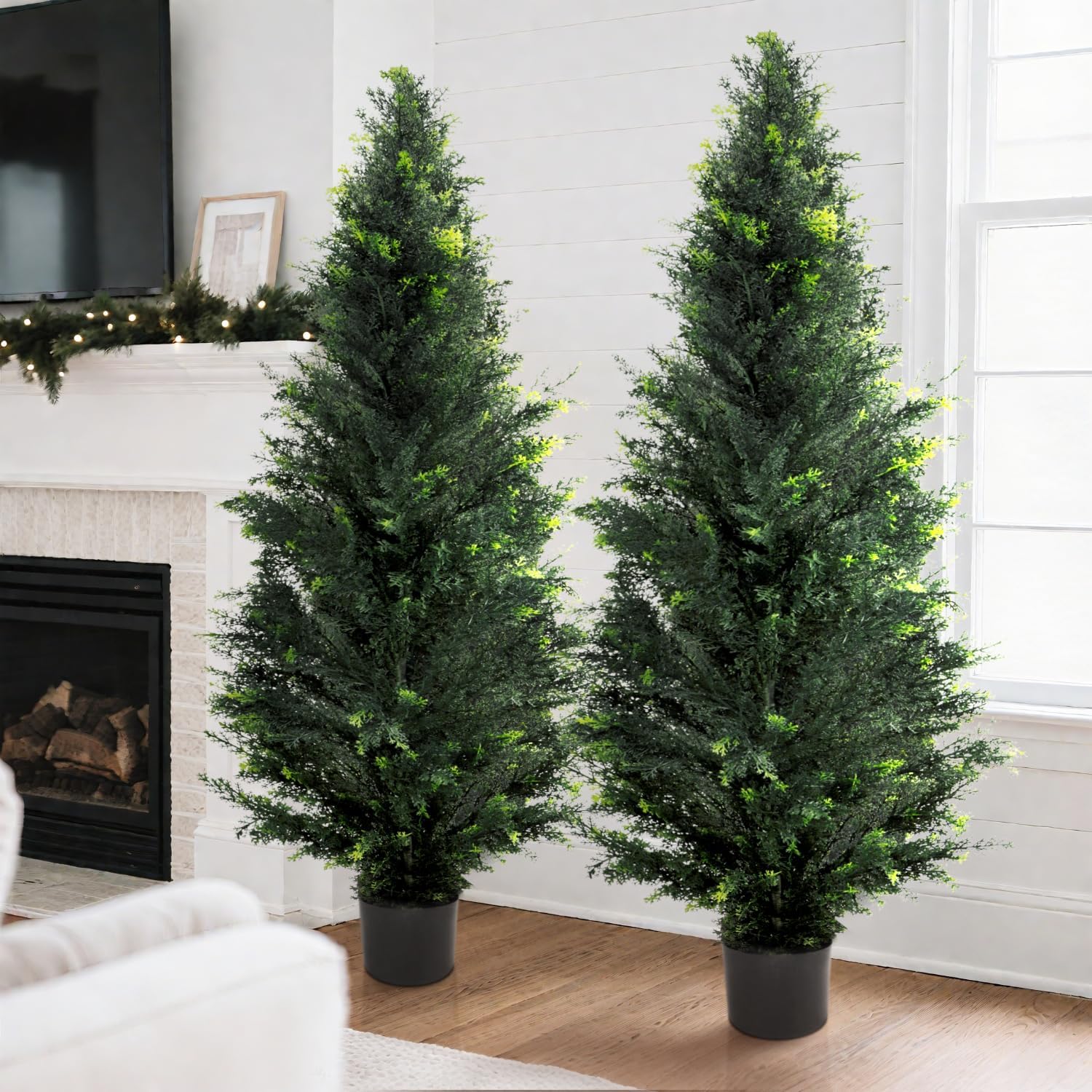 Artificial Narrow Christmas Trees 5Ft Tall Cedar Tree Faux Topiary Set of 2, Fake Xmas Tree Topiary Boxwood Plant with Planters for Front Porch Home Decorations Outdoor Indoor Green Décor