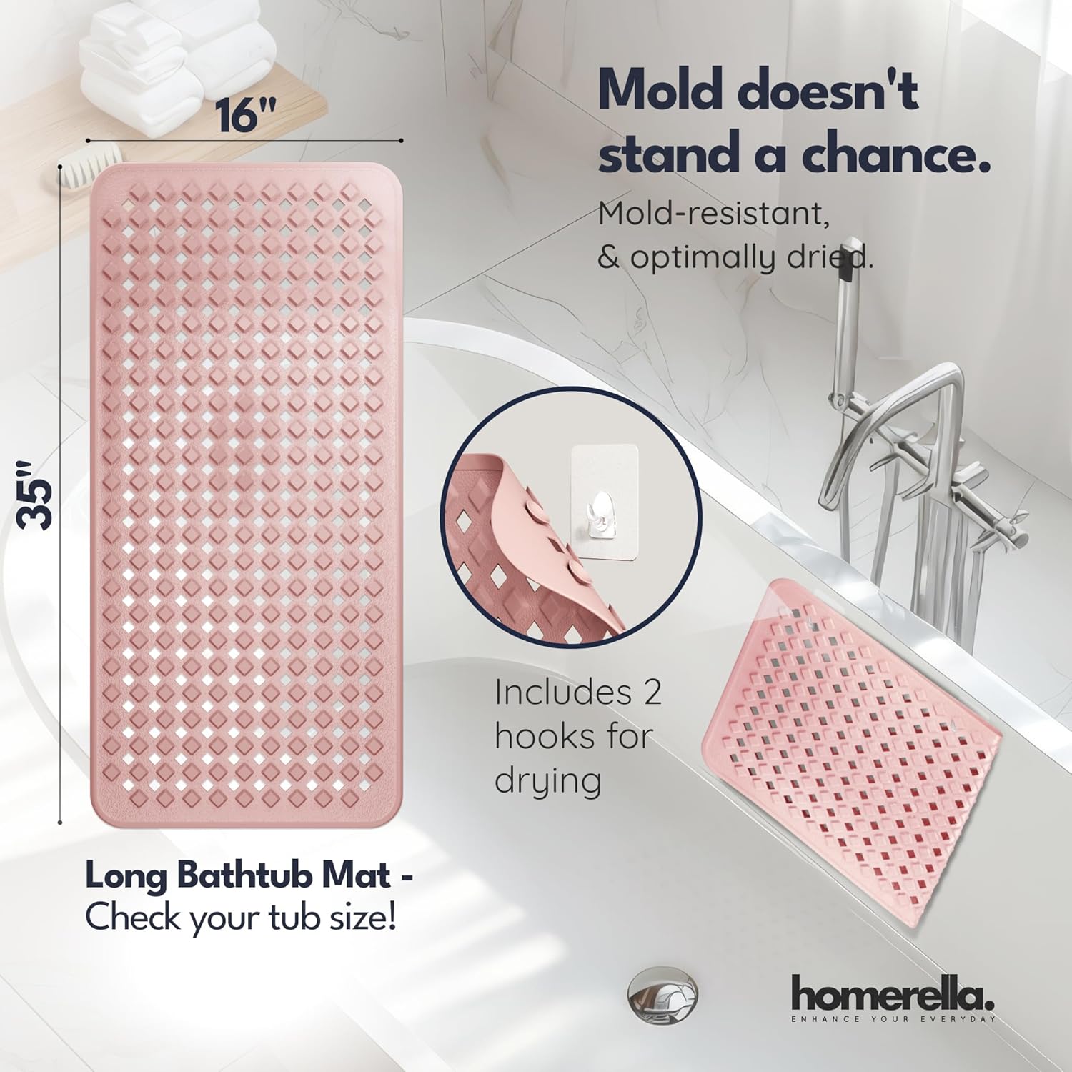 Bathtub Mat Non Slip 35x16 - homerella® Bath Mat Incl. Hooks for Drying, Extra Long, 100% BPA Free, Shower Mat Non Slip Anti Mold, Machine Washable, Shower Mats for Inside Shower Mildew Resistant