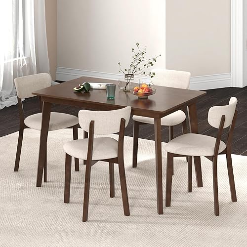Miniatura 9 de GOFLAME Juego de Mesa de Comedor de 5 Piezas para 4, Mesa de Cocina Estilo Granja y 4 Sillas Tapizadas con Marco de Madera de Caucho, Asiento