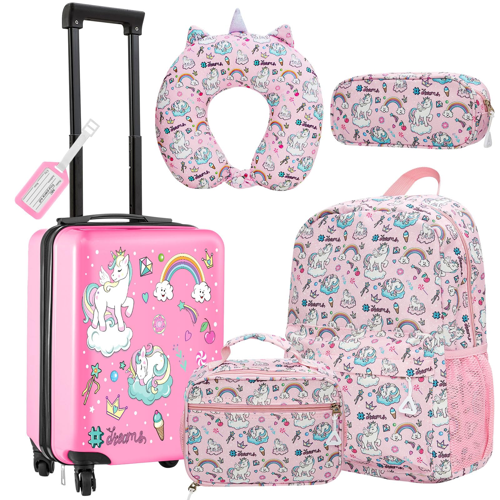 Redbaker6 Piece Car Travel Suitcase Set Including Pull Bar Case, Backpack, Pen Case, Lunch Box, Neck Pillow and Name Badge