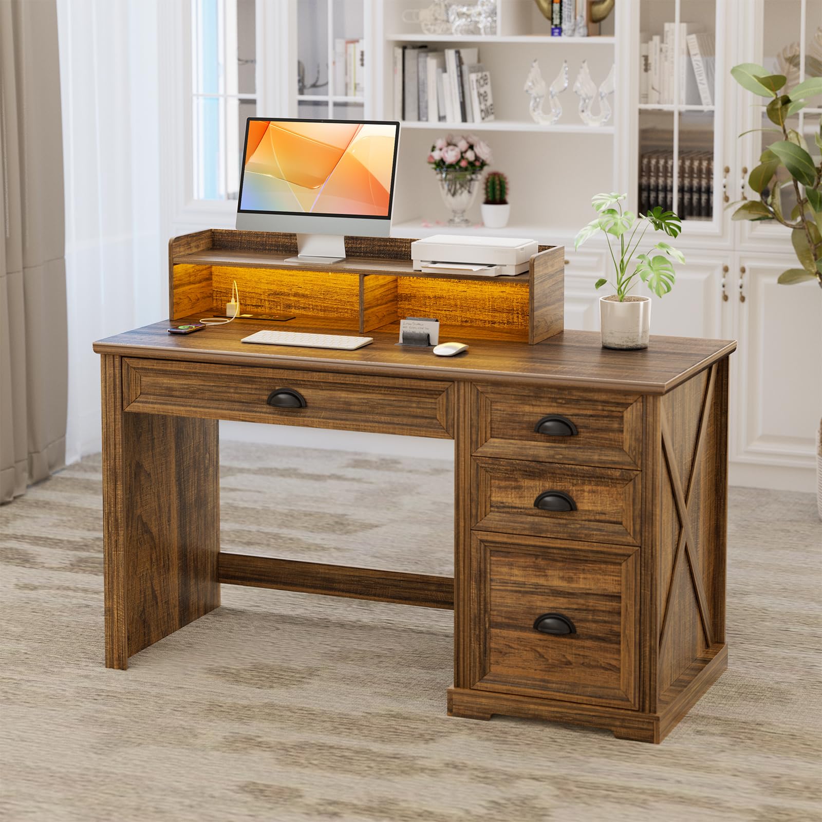 Lareth Computer Desk with Monitor Stand, Farmhouse Home Office Desk with LED Lights Power Outlets, 47 inch Wooden Workstation with Storage File Cabinet for Gaming Studying Working, Walnut: Natural