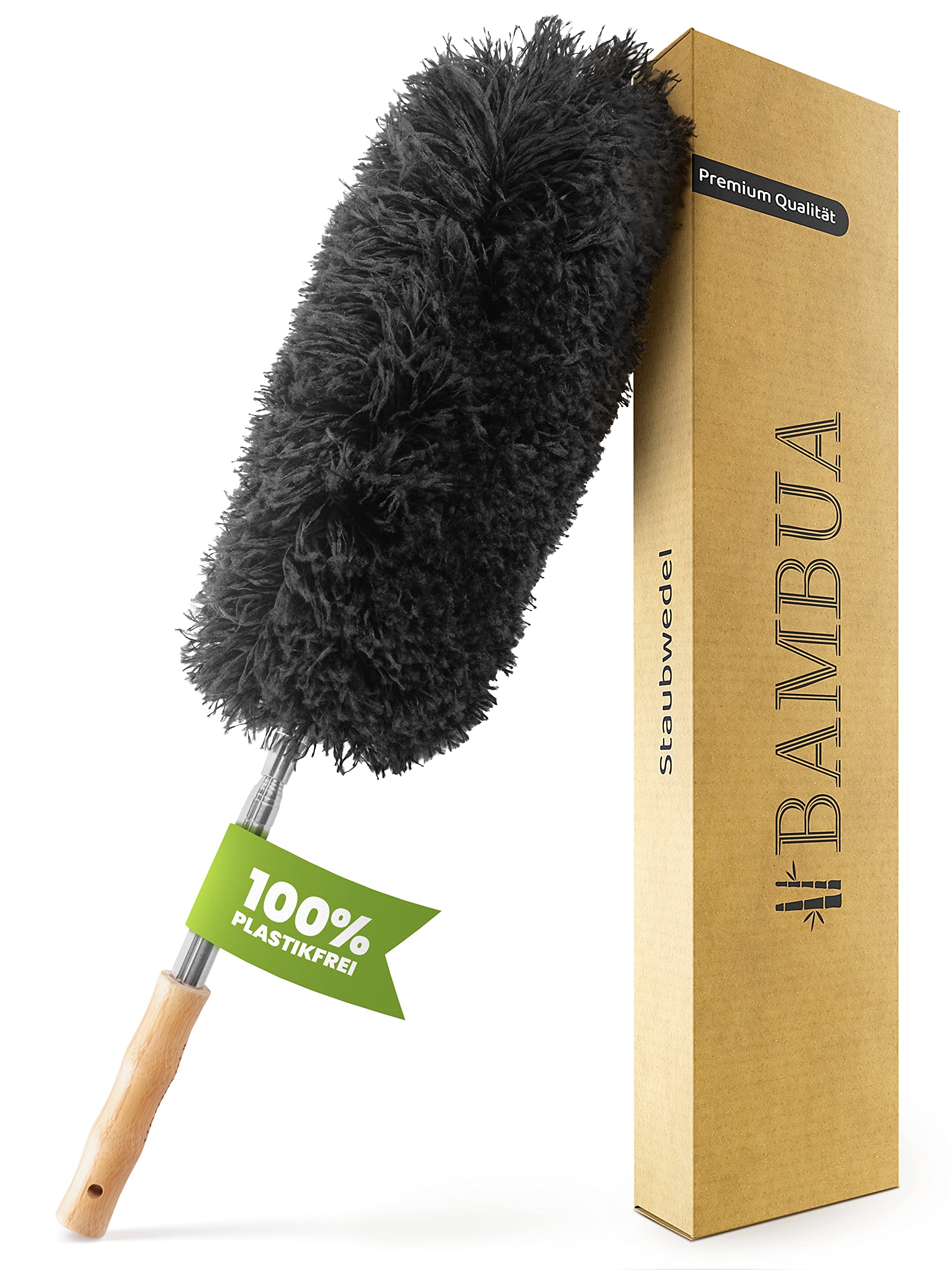 BAMBUA Plumeau Poussiere Telescopique [Microfibre Spéciale] - Poignée en Bambou - Plumeau Telescopique - Tete de Loup Telescopique Premium pour Un Nettoyage Durable - Plumeaux Tête de Loup (140 cm)