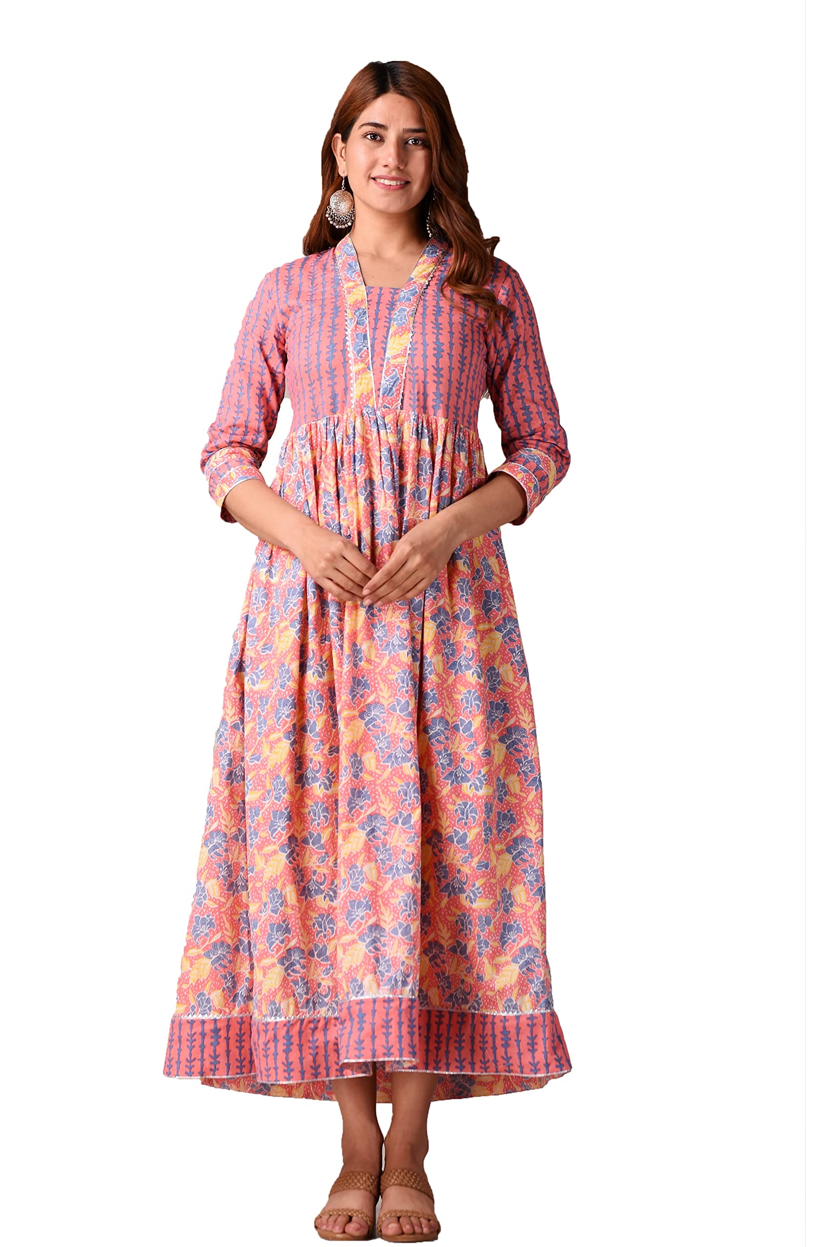 Women Floral Printed Pink Gown Jaipuri Sanganeri Printed Pure Cotton Dress Casual Wear Maxi Dress (Pink)-image-8