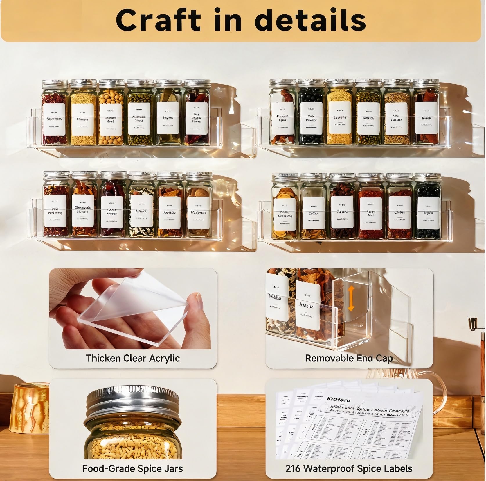 Gewürzregal mit 4 Etagen, Acryl, Wandhalterung, mit 24 Gläsern, 216 Etiketten und Trichter, Schraub-/Klebehalterung, Acryl-Gewürzaufbewahrung für Küche, Speisekammer, Schrank, 29,6 cm L x 6,1