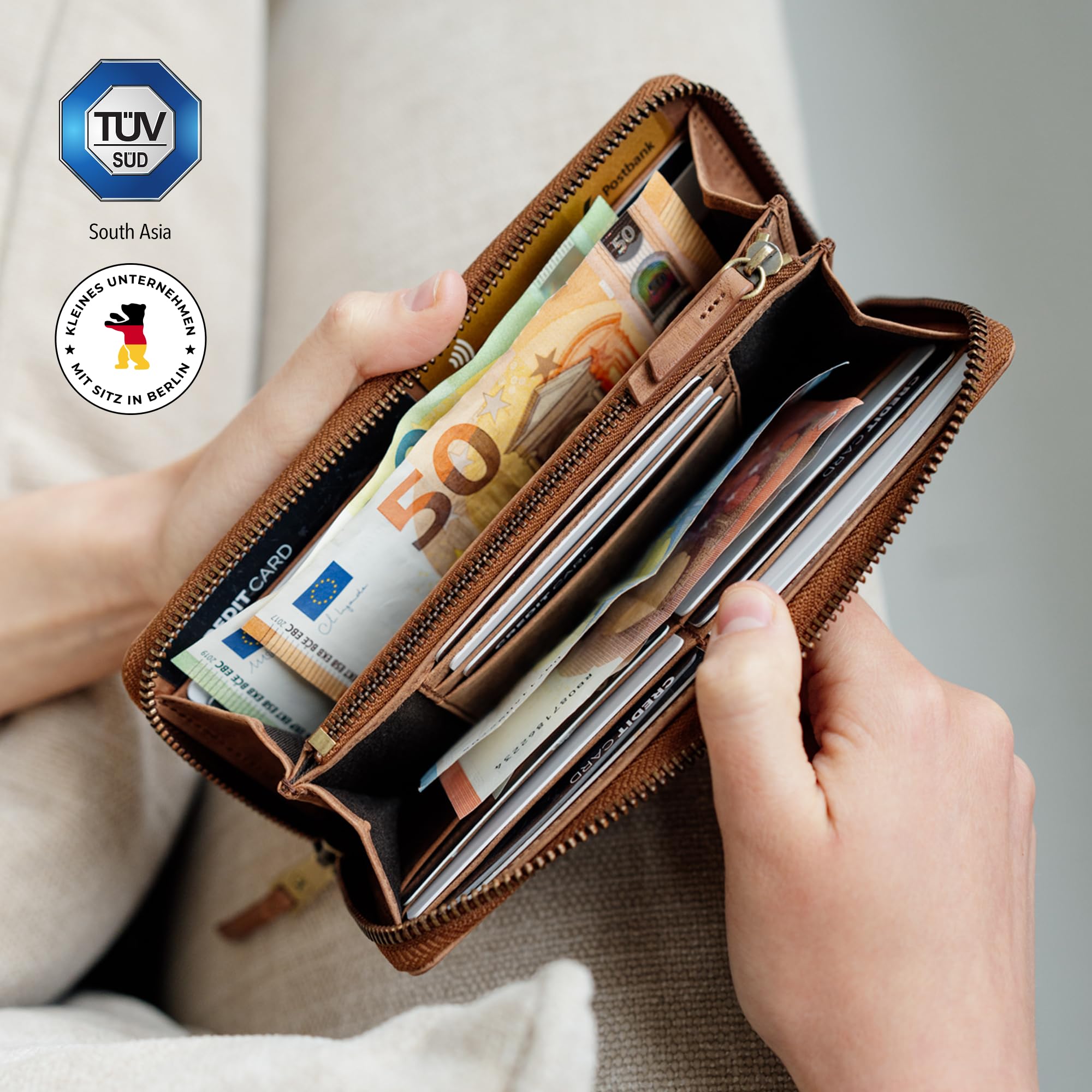 Berliner Bags Vintage Geldbörse Palma, Große Portemonnaie, Geldbeutel aus Leder, mit TÜV-geprüftem RFID-Schutz, inkl Geschenk-Box, für Damen - Braun