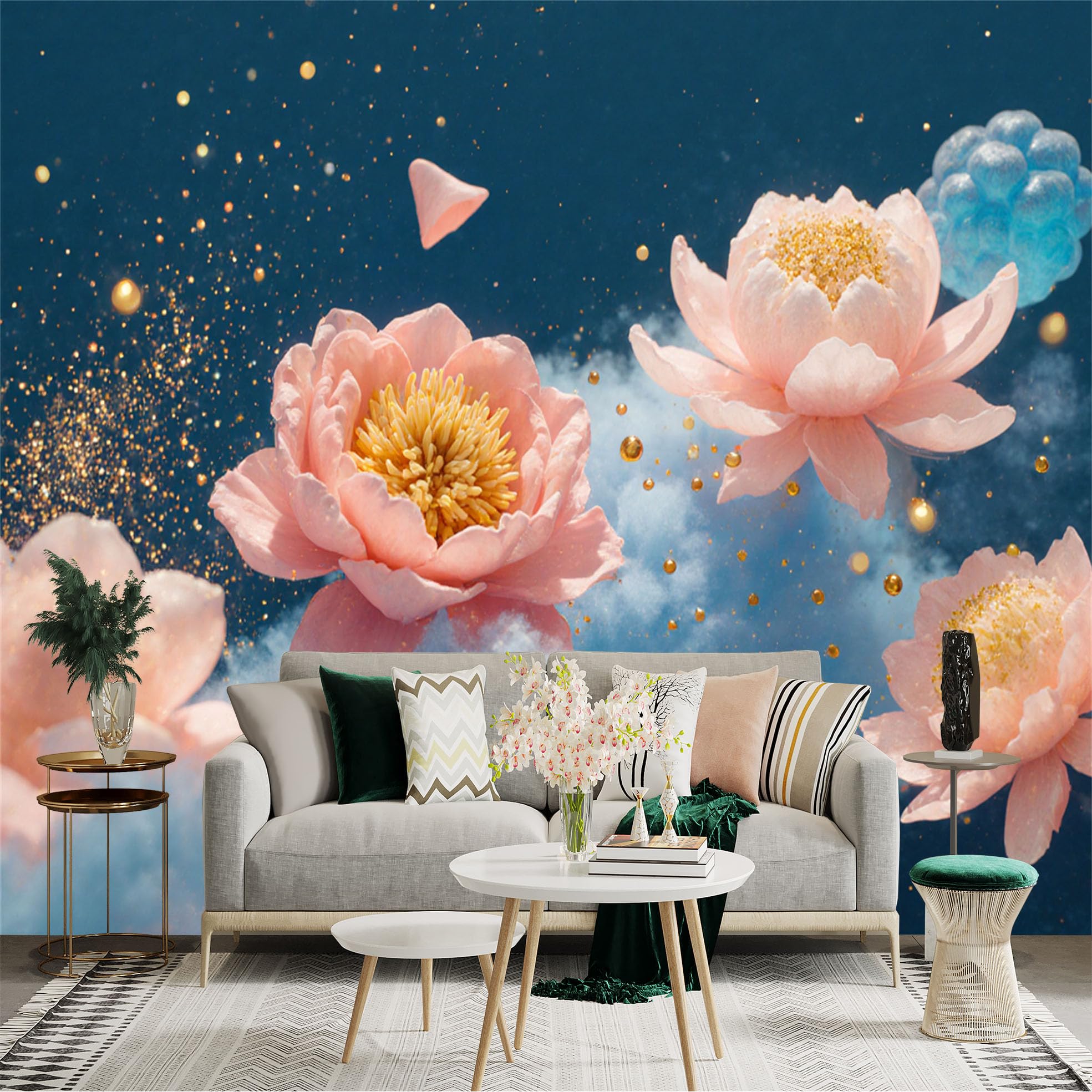 Custom Size Wall Sticker Mural， Pink Peony Flowers in Dreamy Clouds， Golden Glitter Particles， Ethereal Floral Art， for wall Decoration， peelandstick wall Decals.
