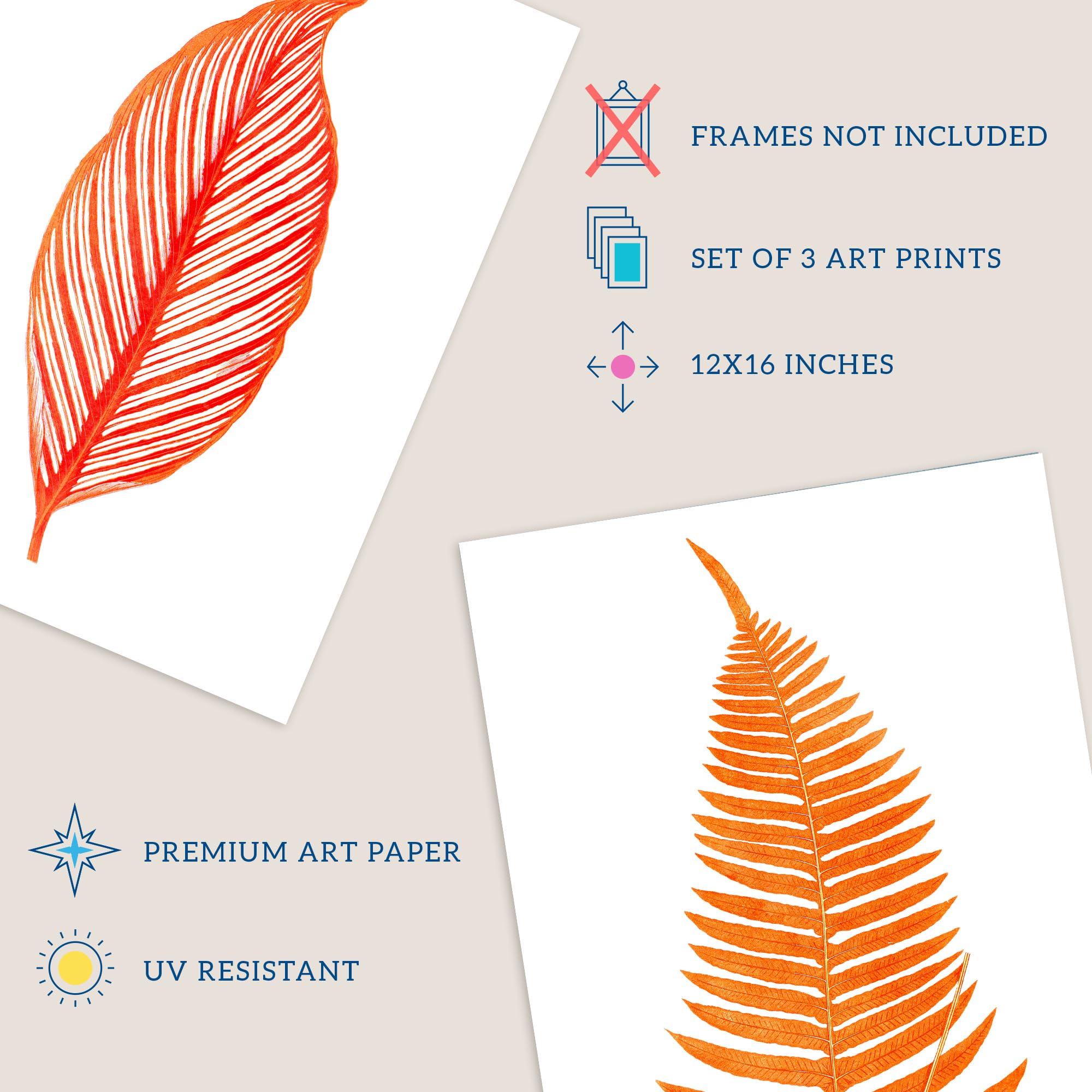 Wee Blue Coo Pack of 3 Elegant Fern Frond Plant Tree Bright Orange Leaf Detailed Foliage Botanical Unframed Wall Art Living Room Prints Set - Image 4