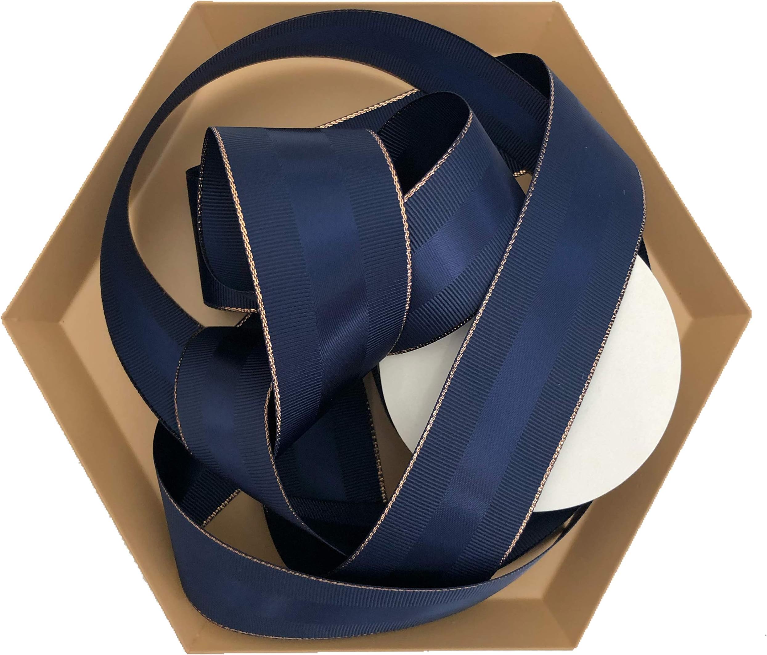 Navy Blue Grosgrain Ribbon with Rose Gold Border, 1.5 Inch, 10 Yards Per Roll, Copper Trim, Double Face, 1 1/2 Inch, Finely Woven Premium Fabric Ribbon for Corporate Gifts, Men's Gifts, Flower Bouquet