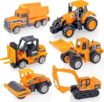 Construction Vehicles Toys, Kids Toy Cars for Boys Mini Digger Cake Toppers Diecast Metal Engineering Trucks, Gift for Kids Age 3 4 5 6-9 Year Olds 6Pcs Set
