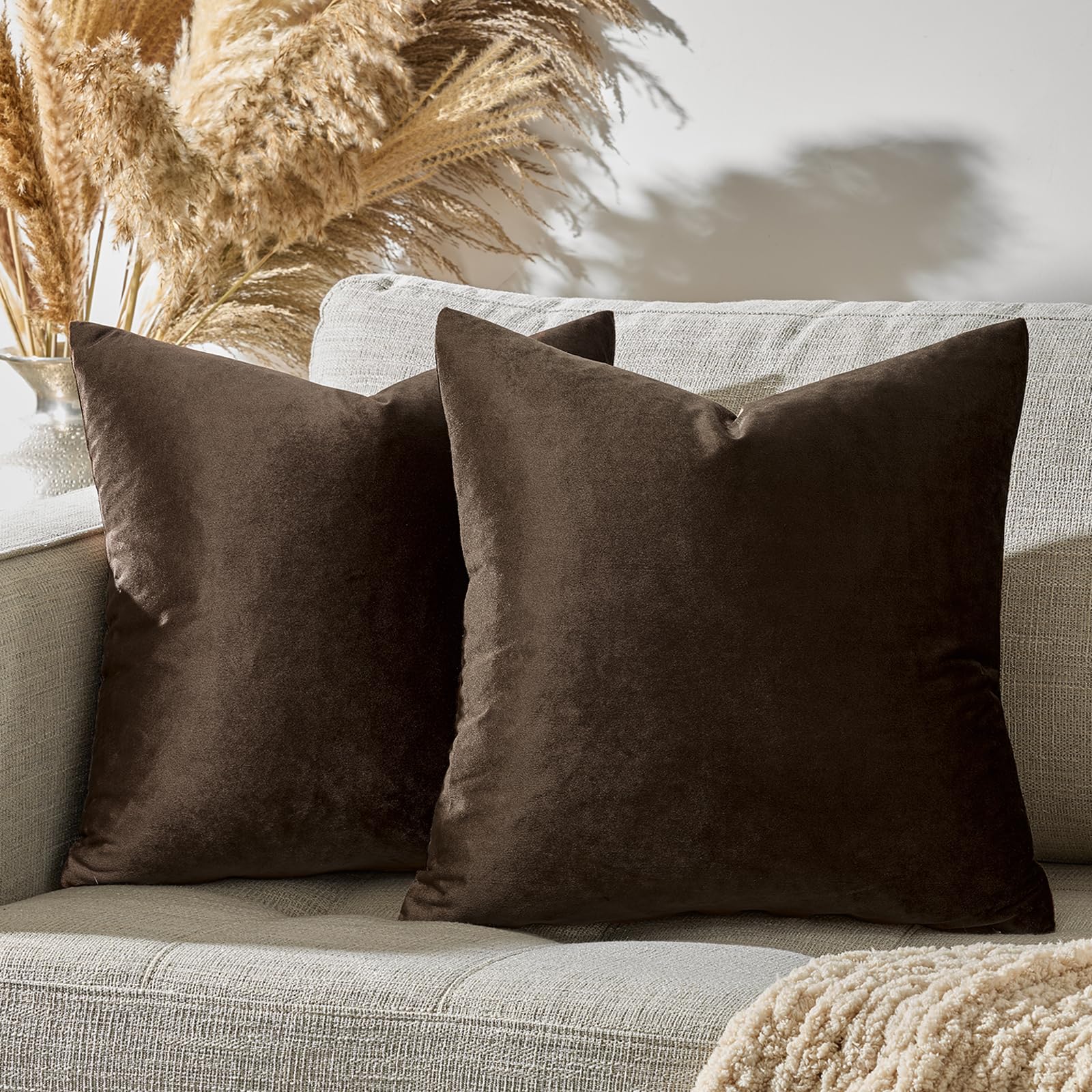 GIGIZAZA Brown Velvet Cushion Covers 55x55: Set of 2 Soft Fabric Solid Decorative Square Throw Pillow Covers - Vintage Decor Pillowcase for Sofa Living Room Couch Bedroom — image 1