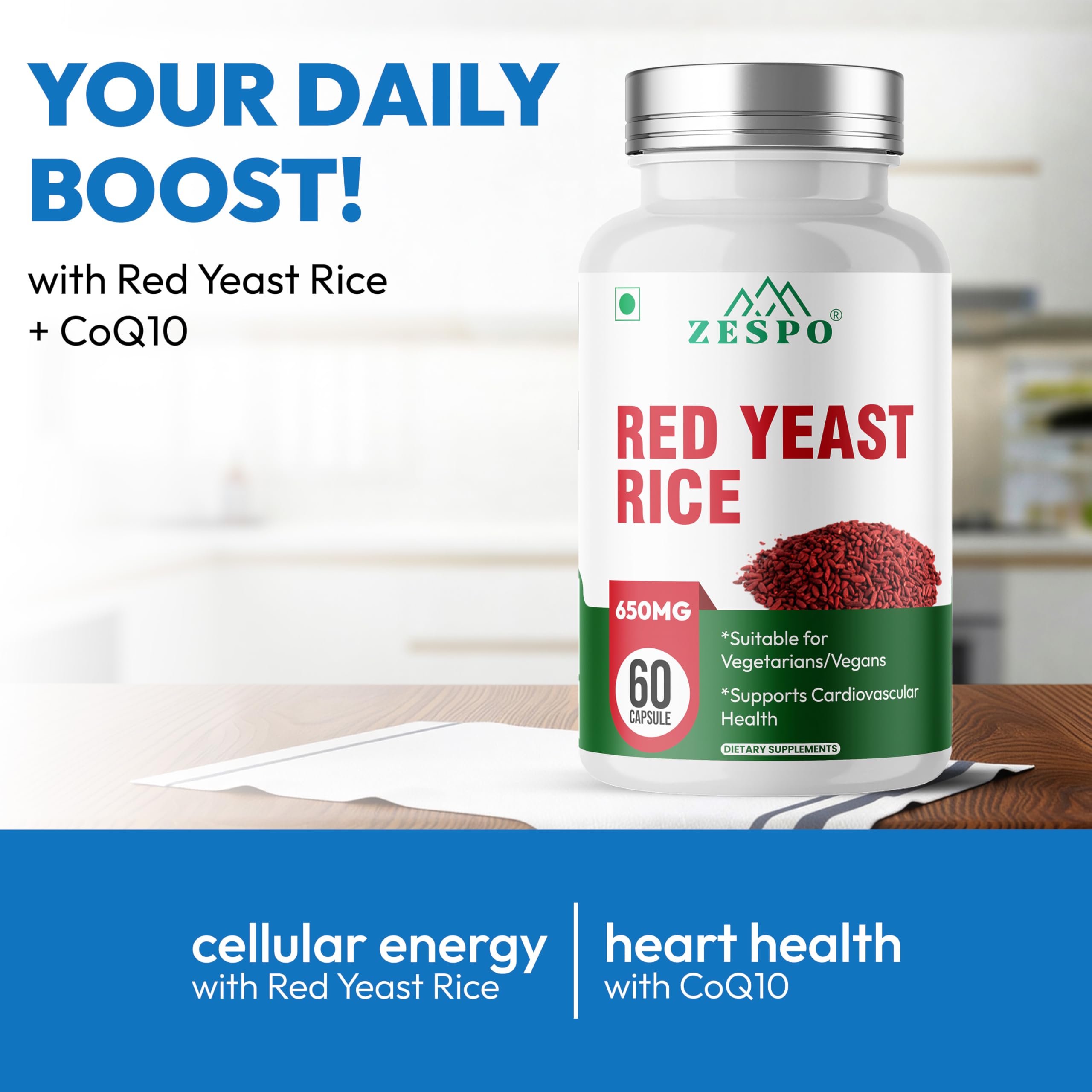 ZESPO Red Yeast Rice 650mg with CoQ10 β 60 Veg Capsules | Plant-Based Supplement for Daily Wellness & Heart-Friendly Nutrition | No Gluten, No Soy, Non-GMO 4