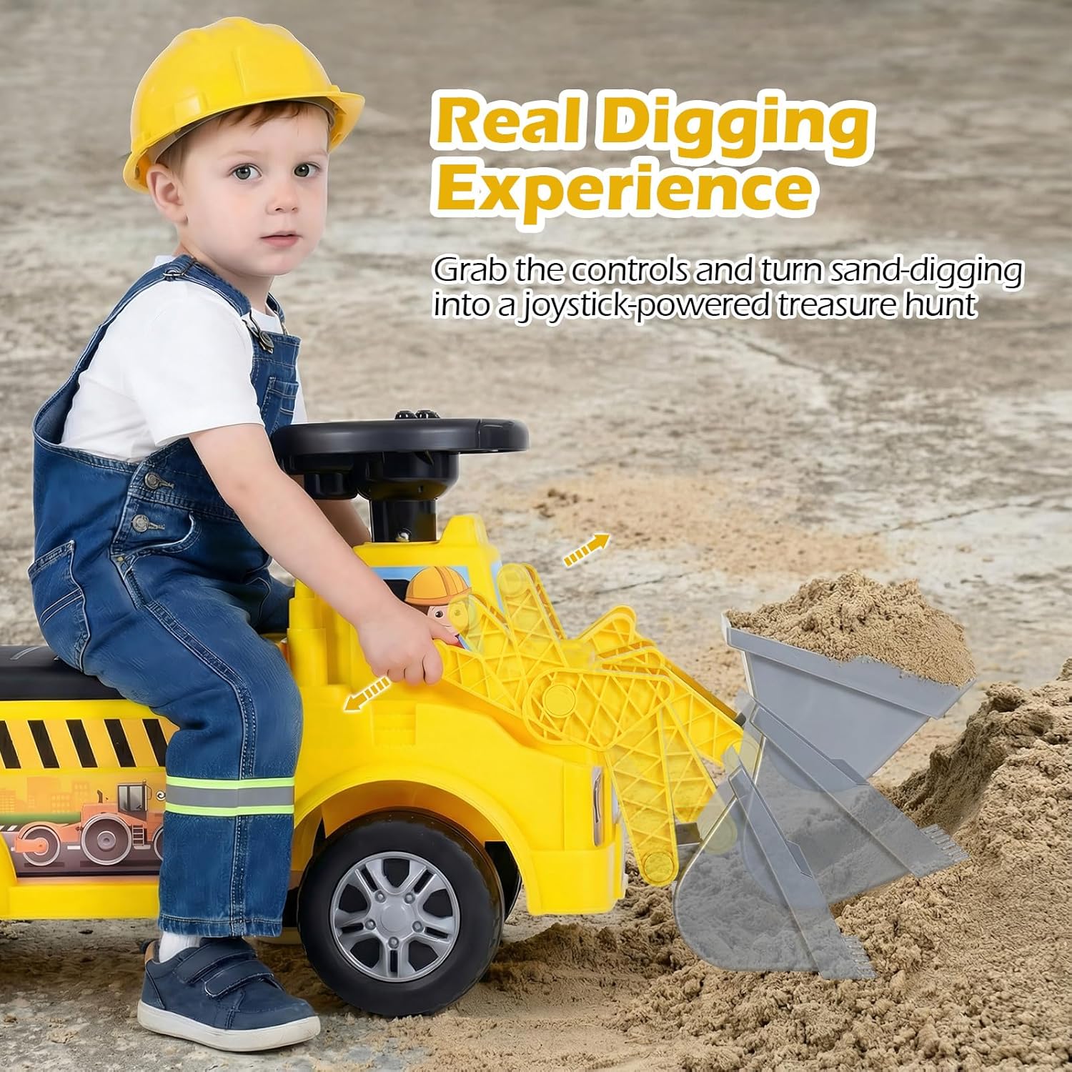OLAKIDS 3-in-1 Ride on Bulldozer with Adjustable Bucket, Detachable Trailer, Under Seat Storage, Engine Sound, Music and Horn, Pretend Play Excavator Construction Car for Toddlers