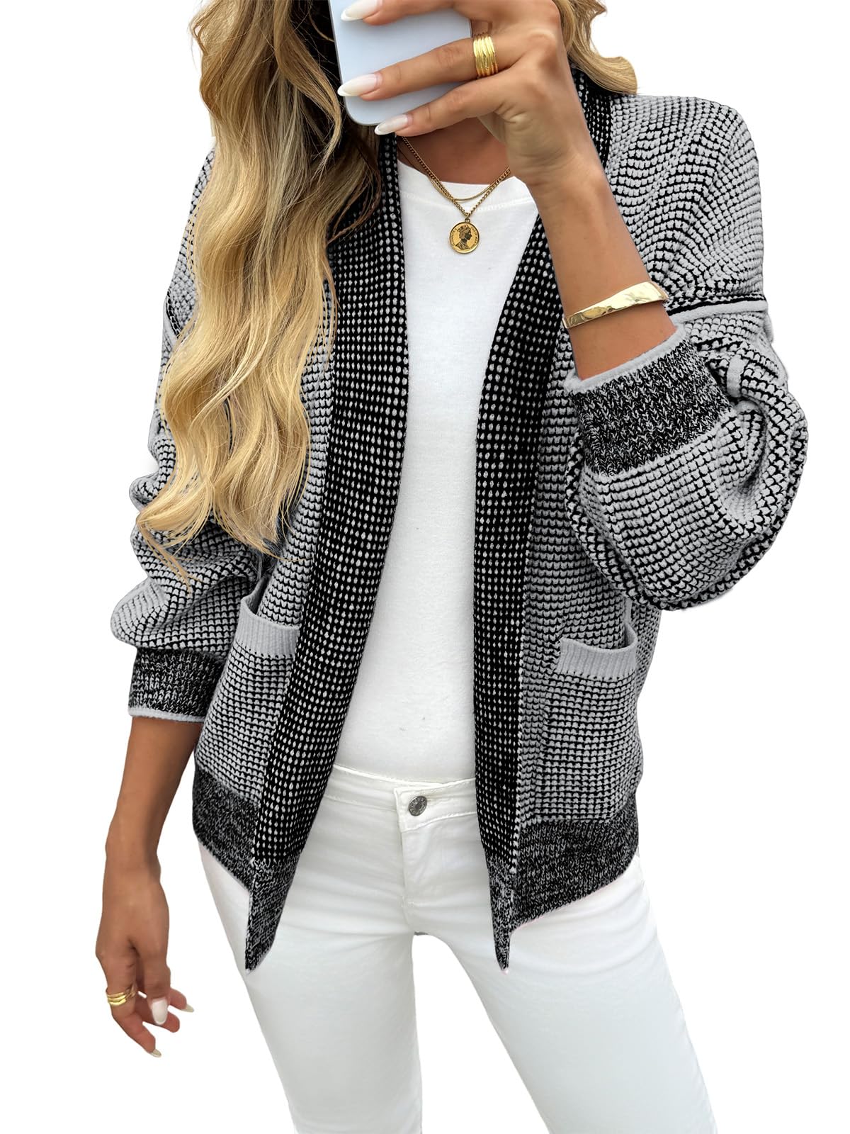 Saodimallsu Womens Open Front Cardigans Long Sleeve Waffle Knit Shawl Collared Fall Trendy Sweater Coats with Pockets