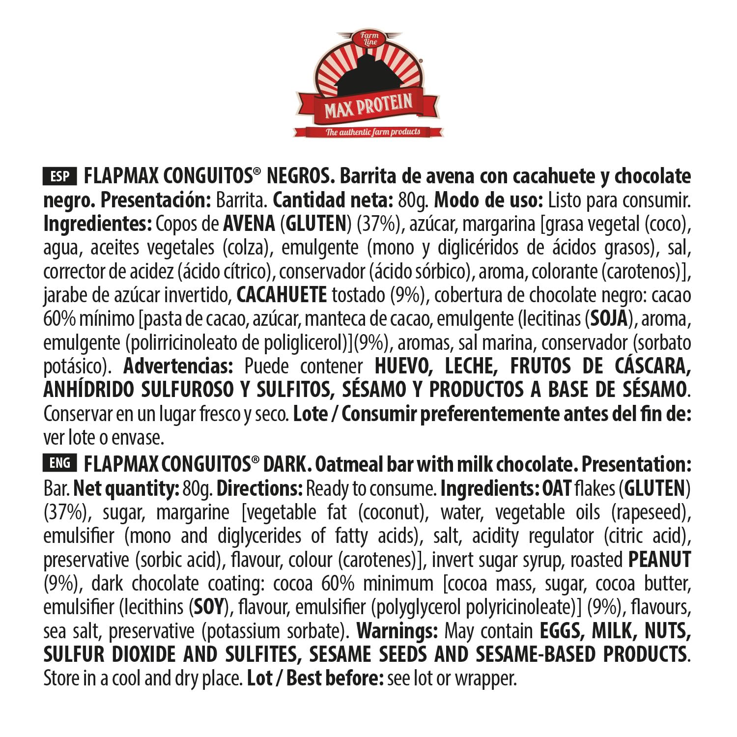 MAX PROTEIN - Barritas Energeticas FLAPMAX Conguitos Dark - Pack 20 Barritas x 80 gr - Barritas de Avena y Cacahuetes con Conguitos - Barrita Pre Entrenamiento o Sustitutivas