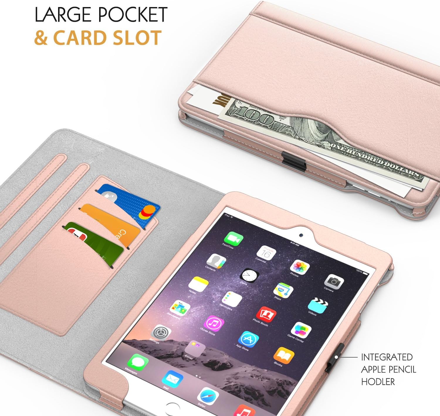 MoKo Case Fit iPad Mini 3/2/1, Slim Folding Stand Folio Cover Case Compatible with iPad Mini 1/Mini 2/Mini 3, with Auto Wake/Sleep and Document Card Slots, Multiple Viewing Angles, Rose Gold