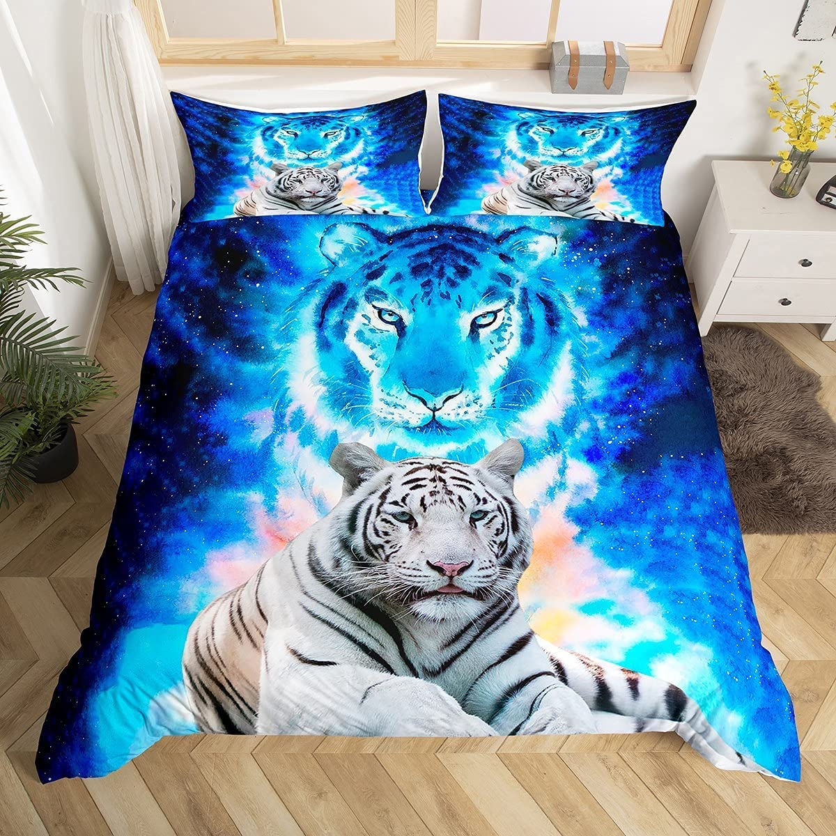 Homemissing Tiger Duvet Cover Wild Animal Bedding & Linen Blue Galaxy Bedding Set For Kids Wildlife Safari Cat Bedding & Linen Ultra Soft Single Size Bedclothes Zipper - Image 3