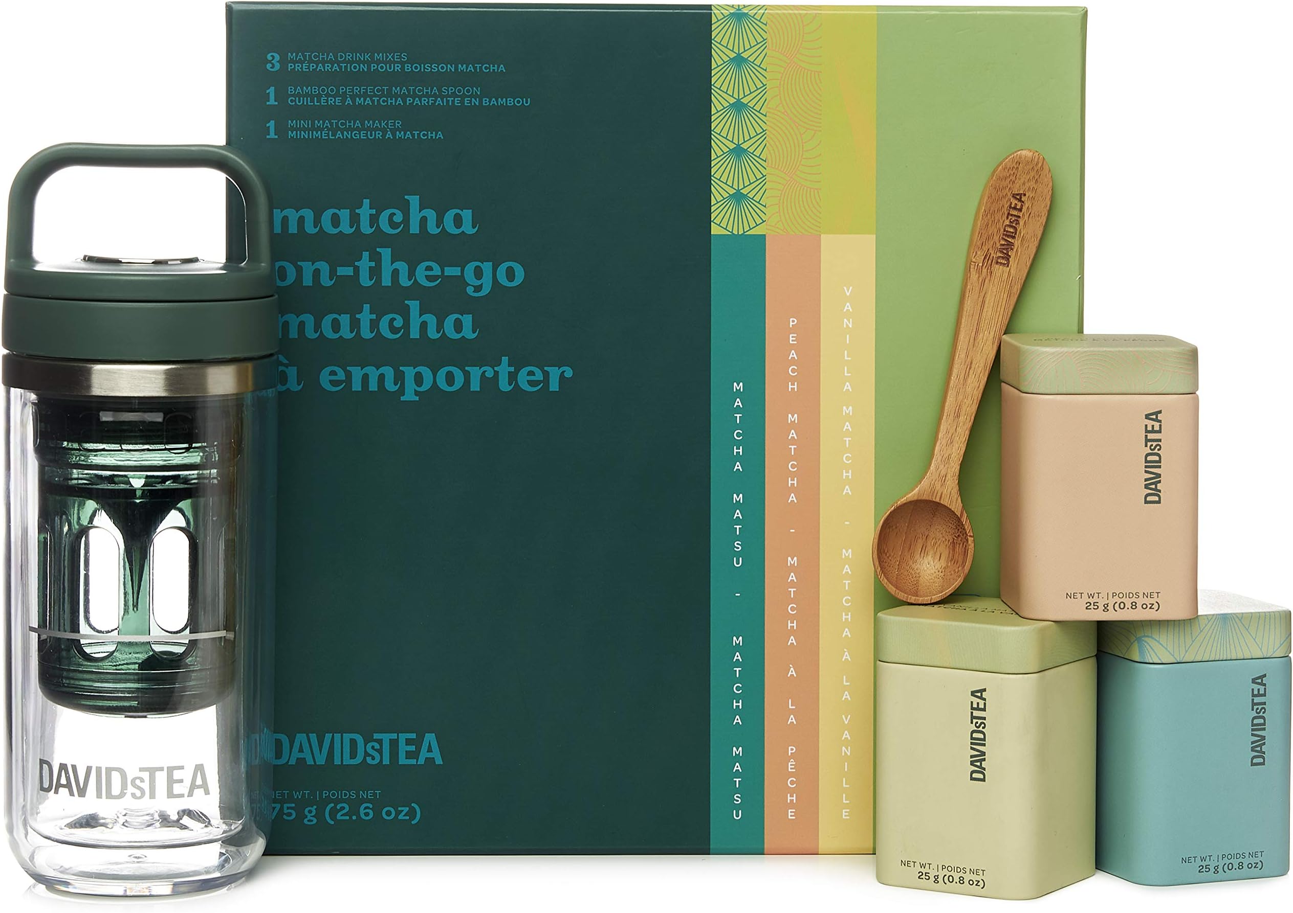 DAVIDsTEA Matcha On The Go Kit with 3 Premium Green Tea Powders, Bamboo Matcha Spoon & Mini Matcha Maker (8 oz), Great Tea Gift