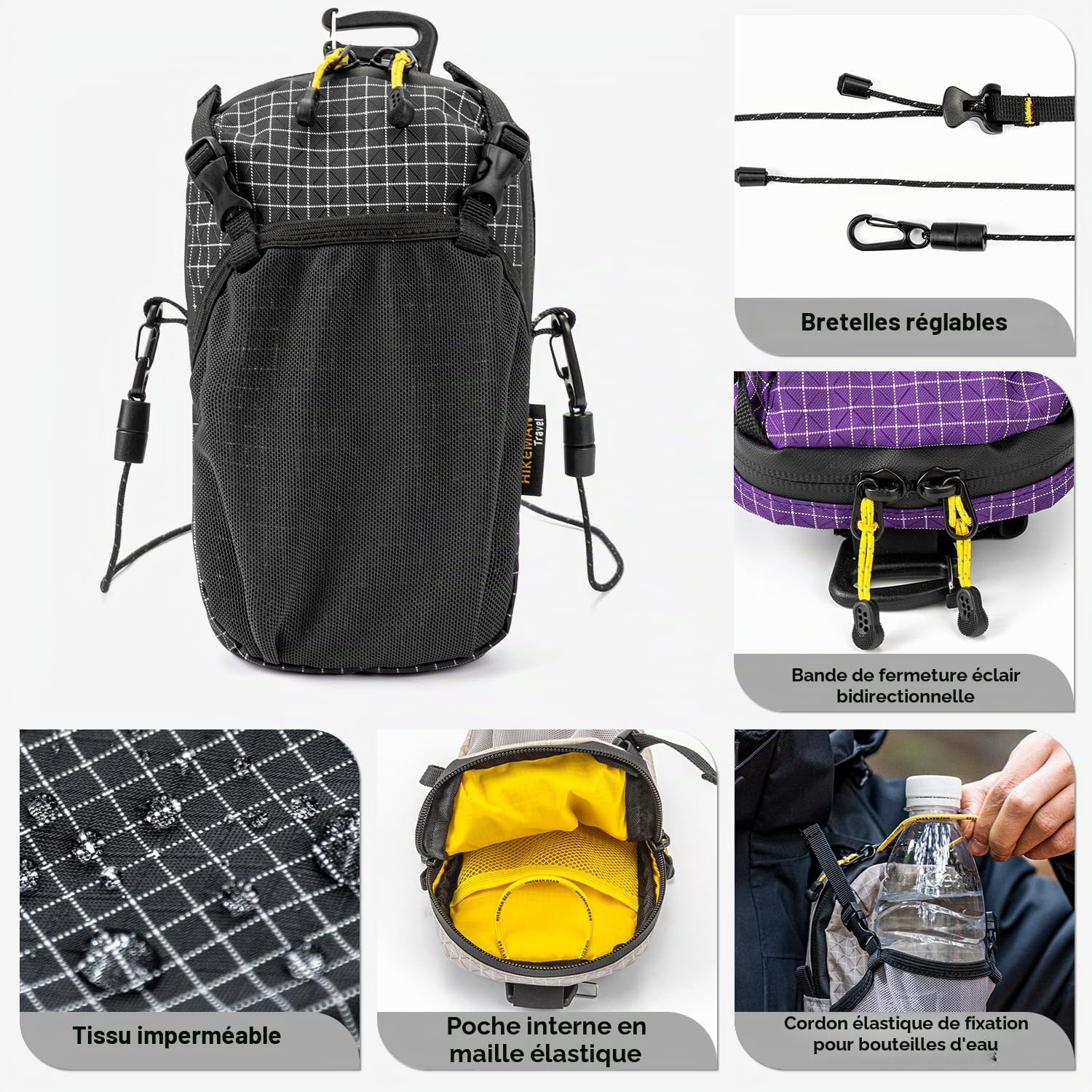 HIKEMAN Sac à dos imperméable avec bandoulière amovible, pour le sport, la randonnée, le camping (noir)