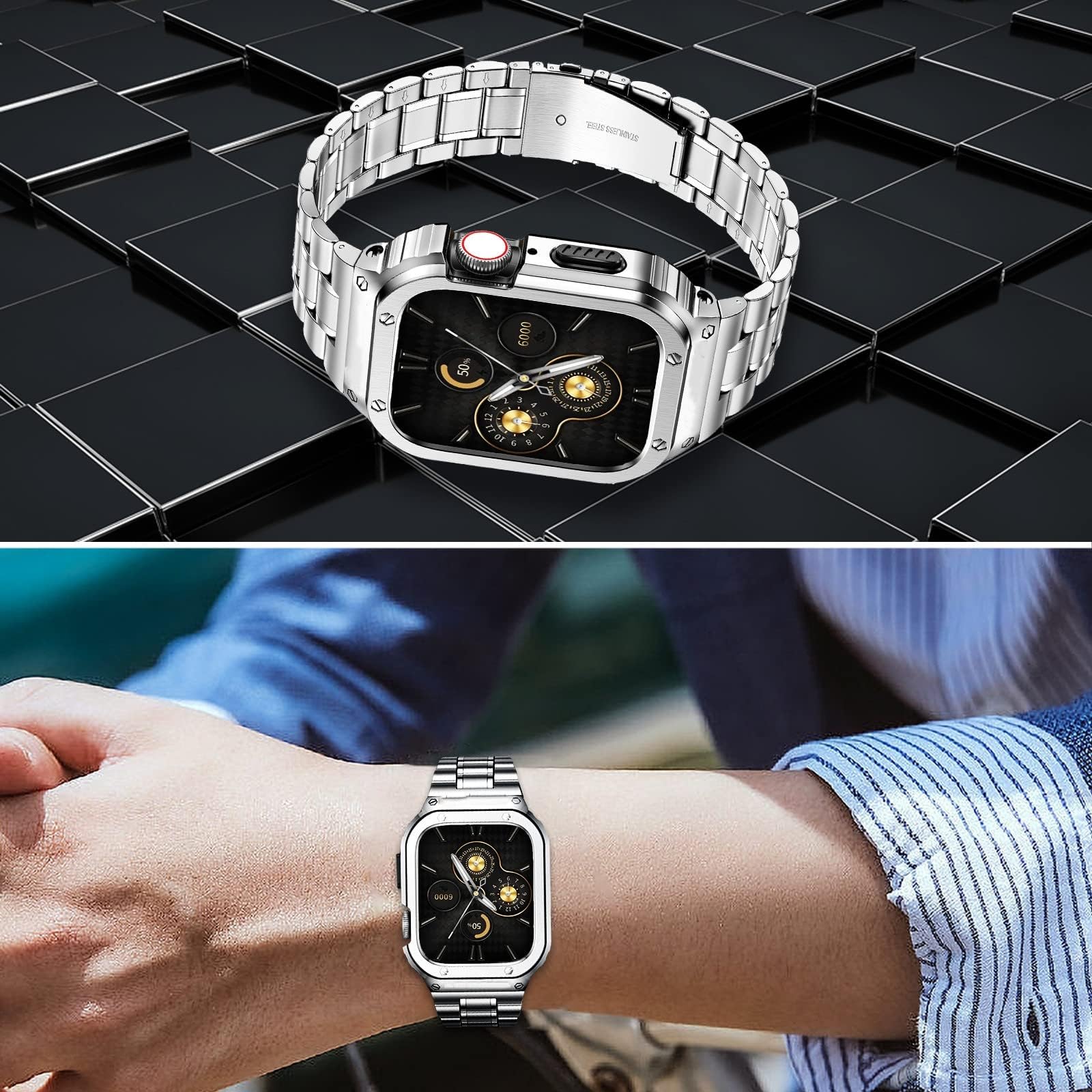 HASLFM Kompatibel mit Apple Watch Armband 45mm Series 9/8/7, Robustes Edelstahl Metall Ersatz Armband mit Gehäuse Cover für iWatch 45mm Series 9/8/7 für Männer, Silber