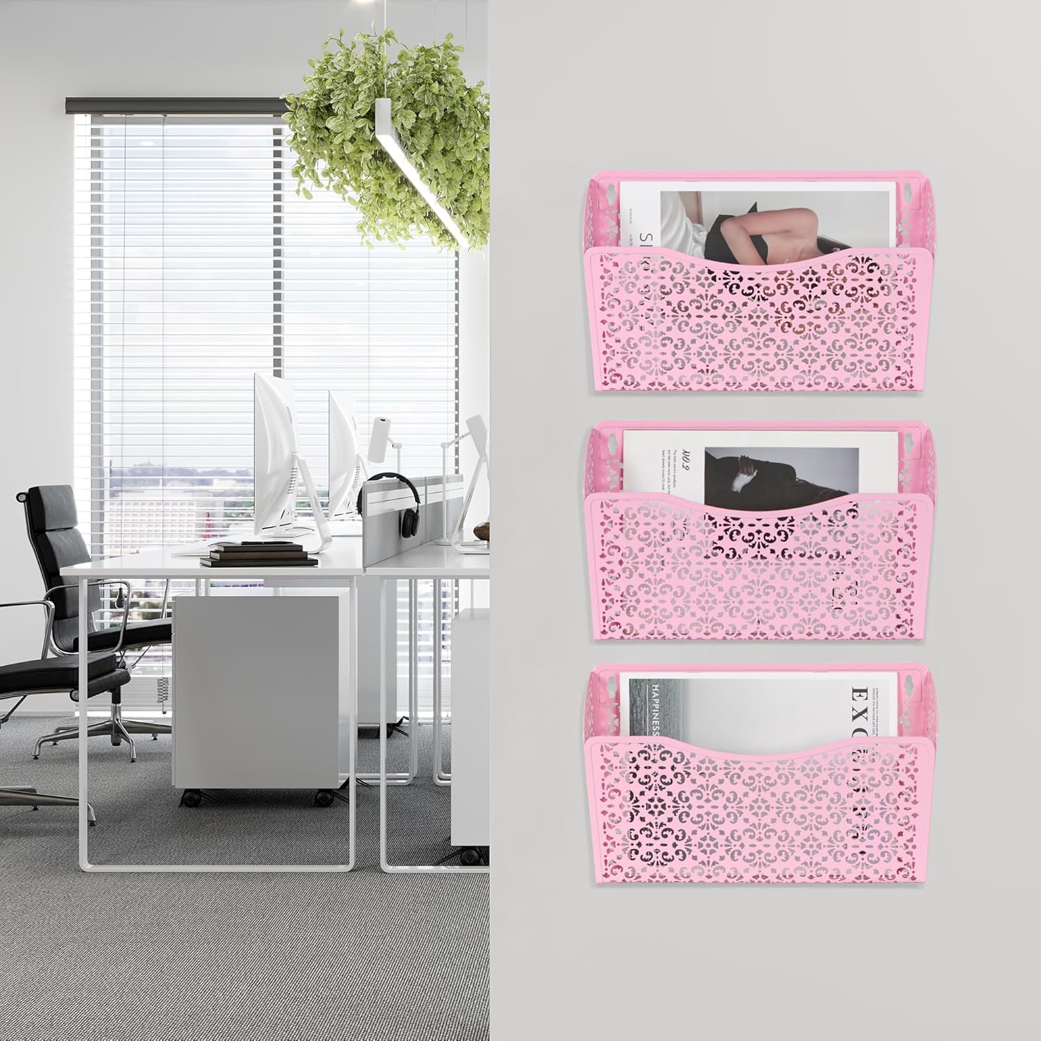EasyPAG 3 Single Wall Mount File Organizer Vertical Metal Wall Pocket File Holder for Office, Home, School, Pink