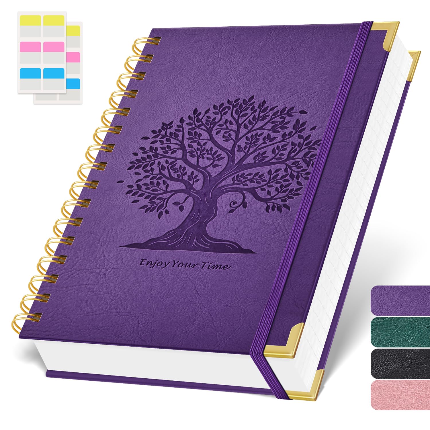 ROBCURSE A5 Notebook, Note Pad, Wirebound Spiral Notebook 300 Pages/150 Sheets, Tree Embossed Leather Cover, Lined Journal or Women Writing, 100GSM Thick Paper, Purple, 14.7 x 21 cm