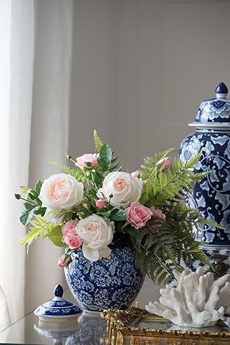 Miniatura 3 de A&B Home - Tarro decorativo de porcelana antigua de 10 pulgadas con tapa, macetero azul y blanco, florero con estampado floral, centro de mesa,