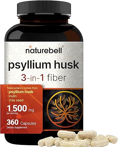 NatureBell Cápsulas de cáscara de psyllium de 1500 mg por porción, 360 unidades, con inulina y semillas de chía, fibra soluble para la digestión,