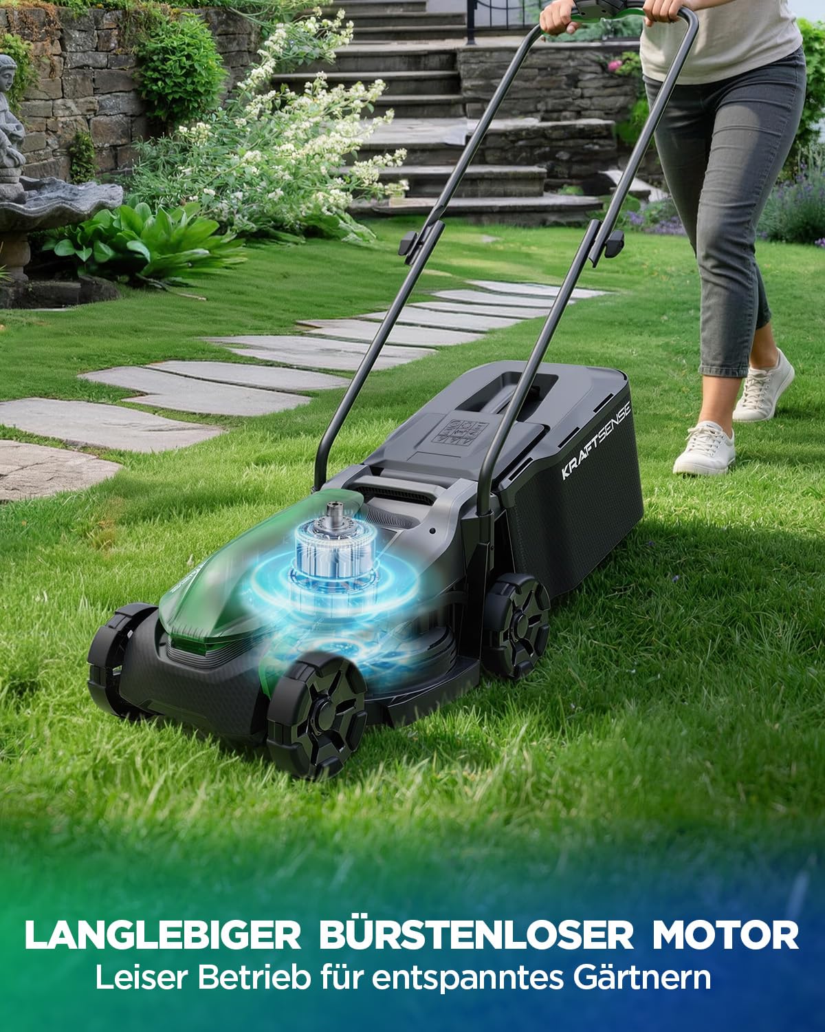 Akku-Rasenmäher für kleine Gärten, 33 cm Arbeitsbreite, bürstenloser Antrieb, 2-in-1 Mulchen & Fangen, mit 2×5,0 Ah Akkus für bis zu 400 m² pro Ladung, inkl. Typ-C-Ladekabel
