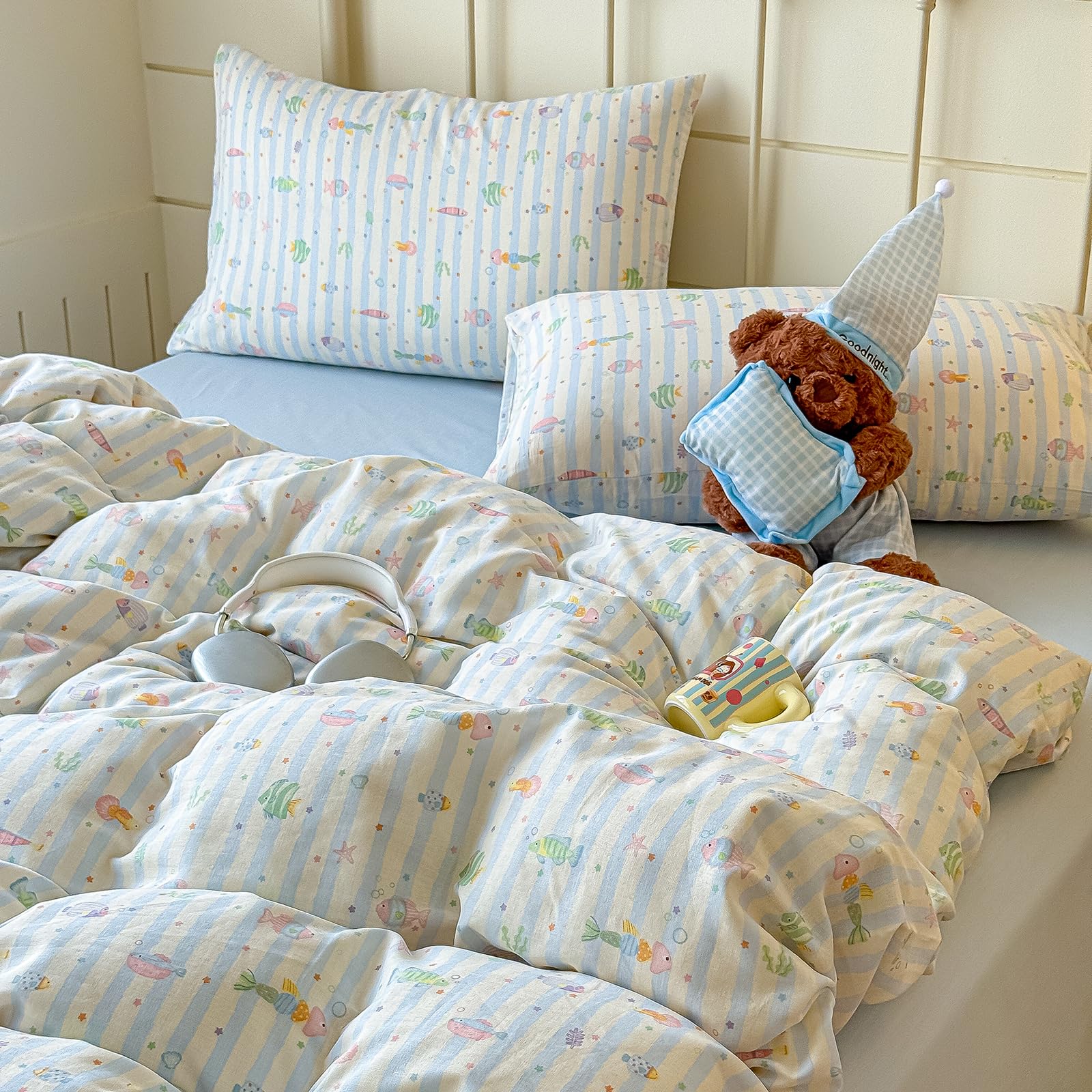 VM VOUGEMARKET Kids Fish Duvet Cover Set Twin,Blue Striped