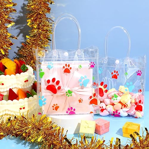 Vista 16 de Teling Paquete de 20 bolsas de regalo de PVC transparente con asa de perro con asa, bolsas de plástico reutilizables transparentes para cachorros