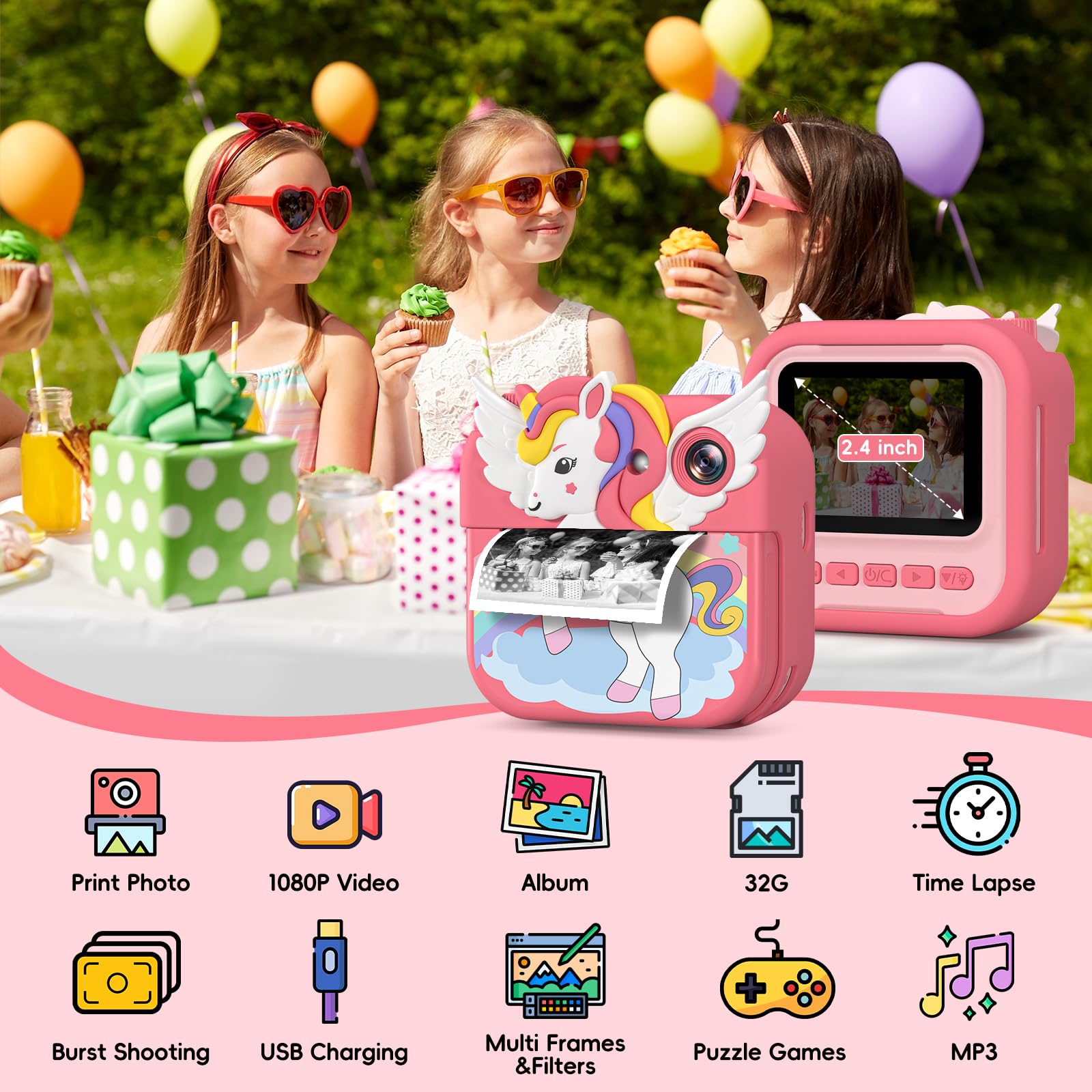 Gofunly Macchina Fotografica Bambini Istantanea, 2.4 Pollici Fotocamera Istantanea Bambini con 32GB Scheda, 12MP/1080P Fotocamera per Bambino, Regalo di Compleanno per Bambini dai 3-12 Anni